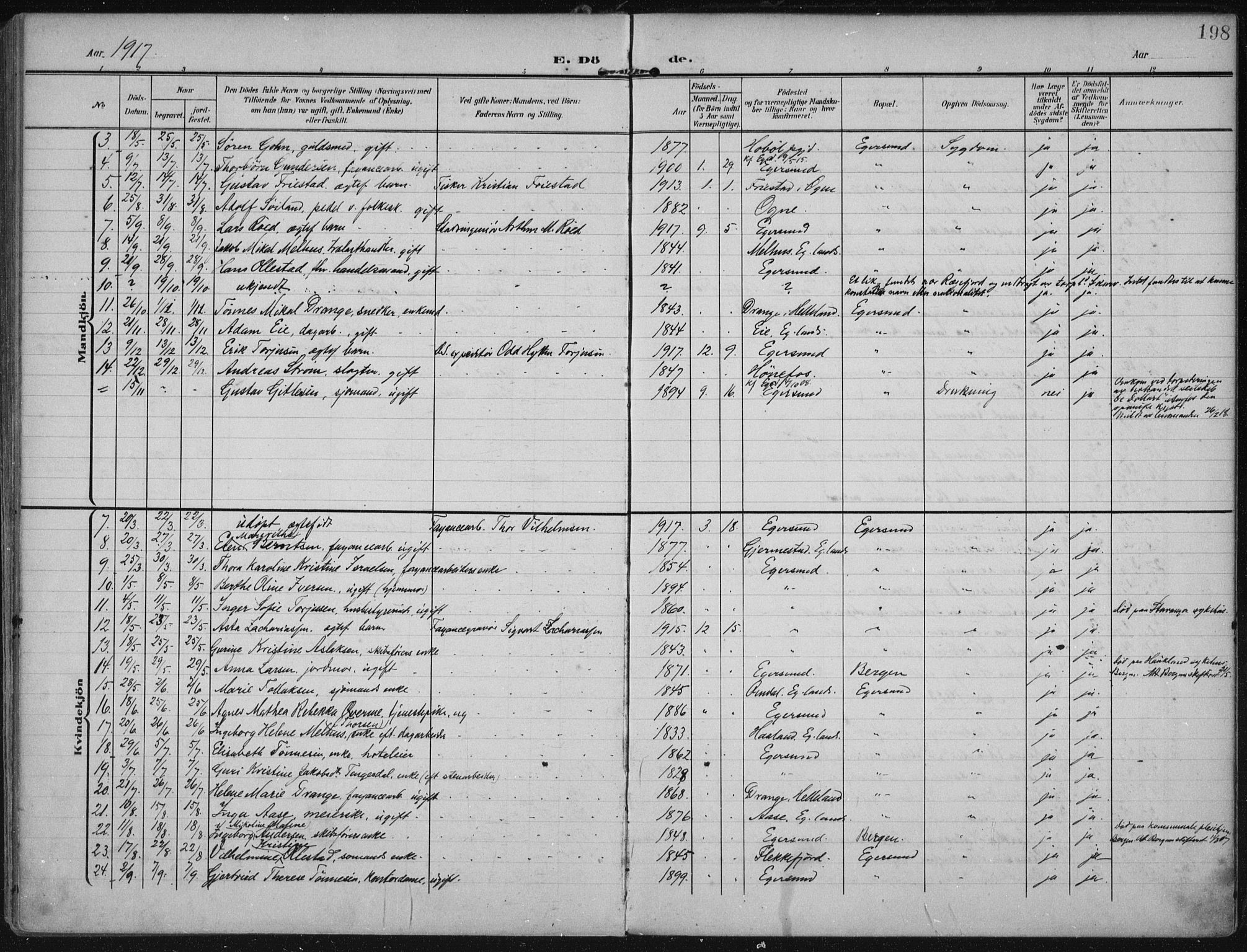 Eigersund sokneprestkontor, AV/SAST-A-101807/S08/L0022: Parish register (official) no. A 21, 1905-1928, p. 198