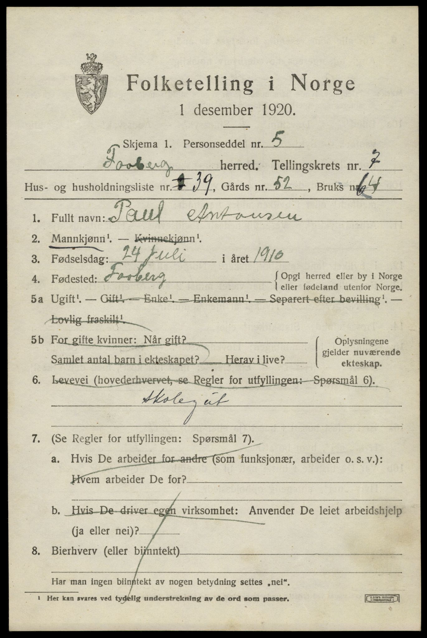 SAH, 1920 census for Fåberg, 1920, p. 8480