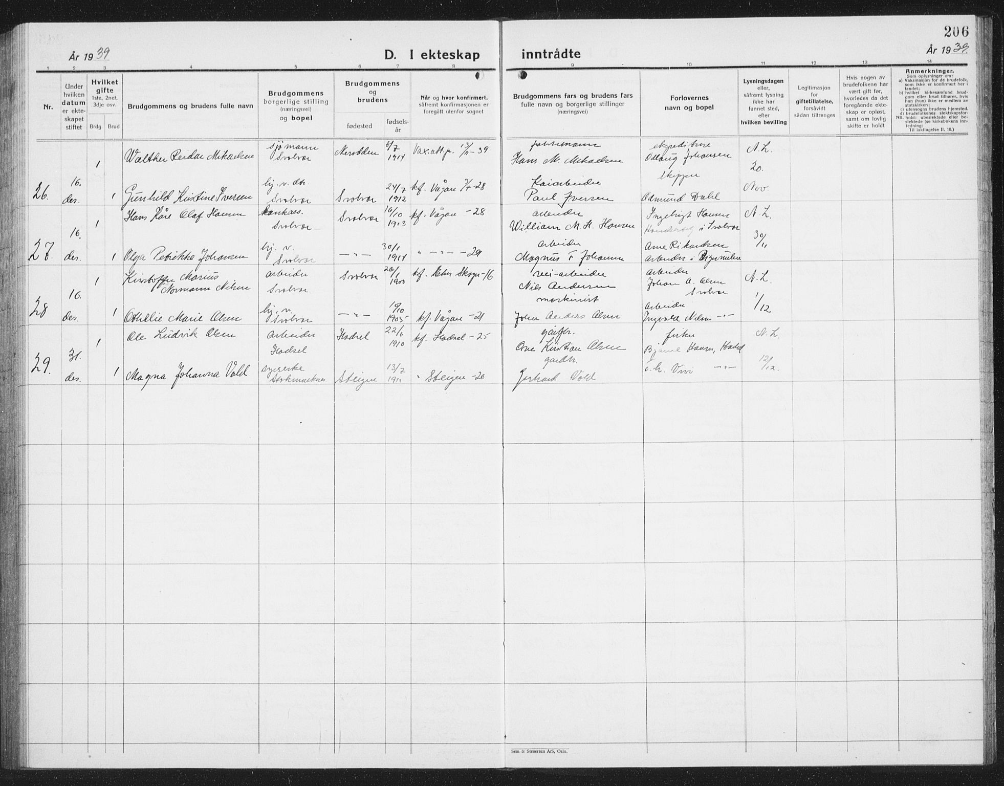 Ministerialprotokoller, klokkerbøker og fødselsregistre - Nordland, AV/SAT-A-1459/877/L1117: Parish register (copy) no. 877C01, 1923-1942, p. 206