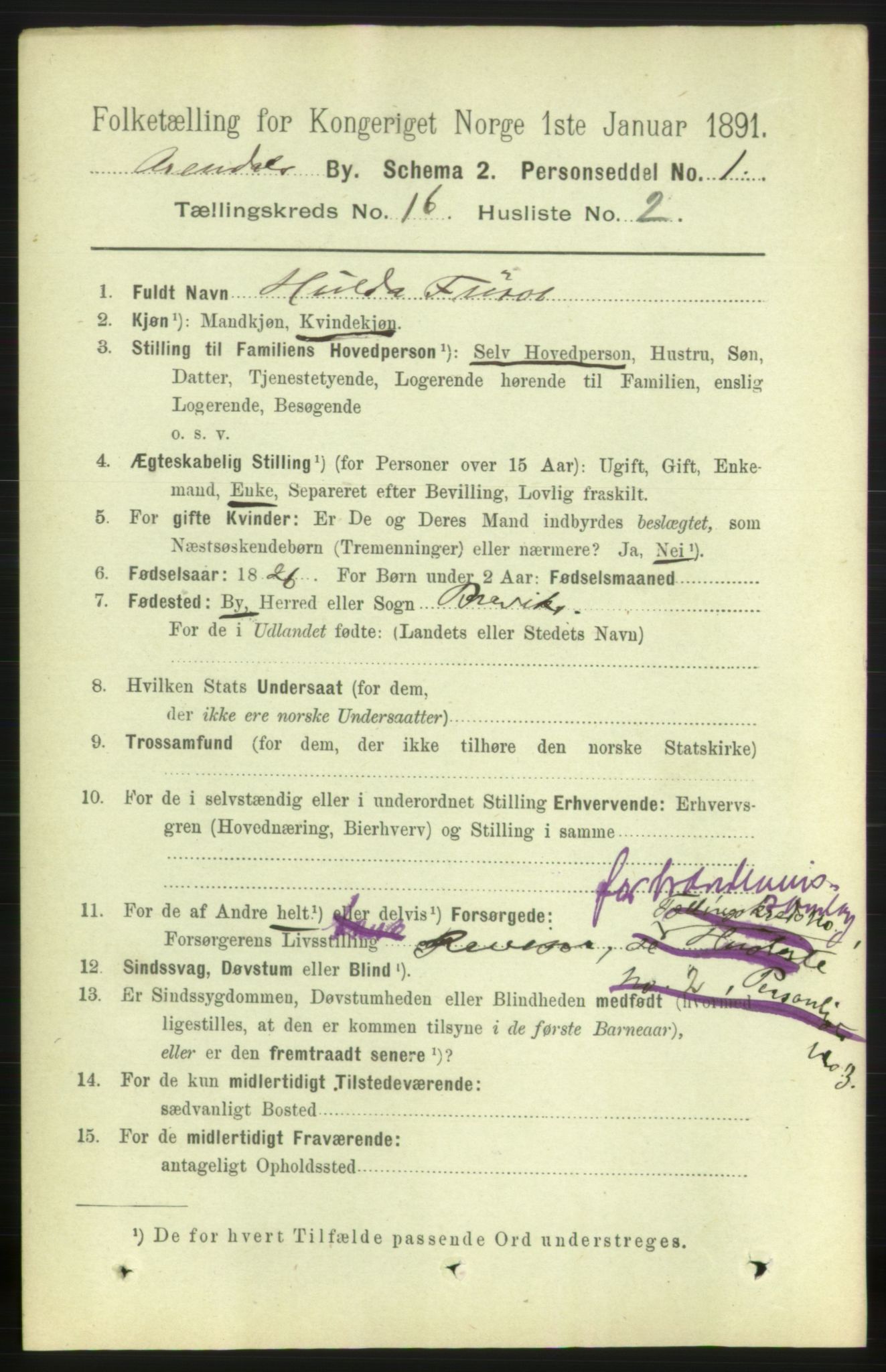 RA, 1891 census for 0903 Arendal, 1891, p. 5369