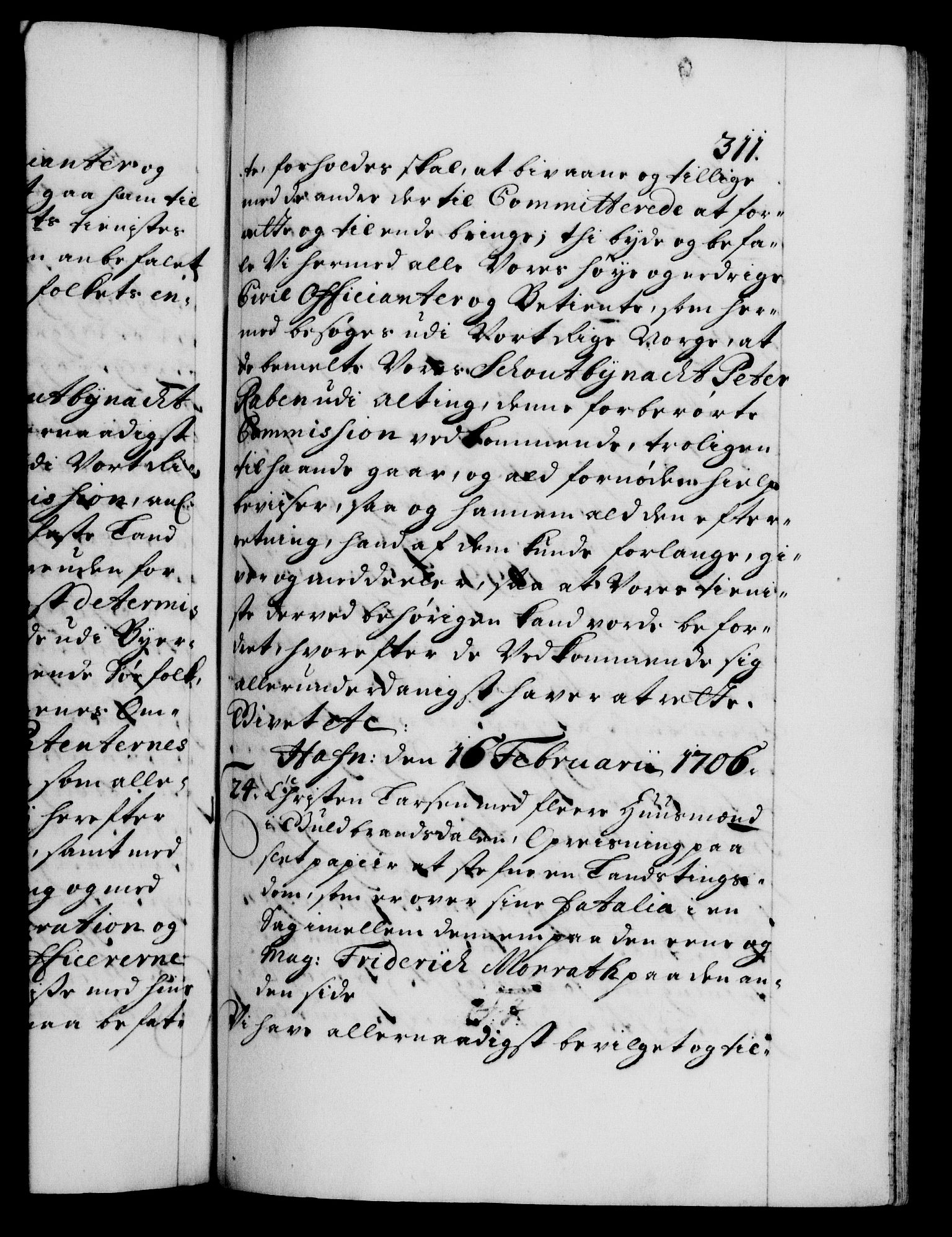 Danske Kanselli 1572-1799, AV/RA-EA-3023/F/Fc/Fca/Fcaa/L0019: Norske registre, 1704-1707, p. 311a