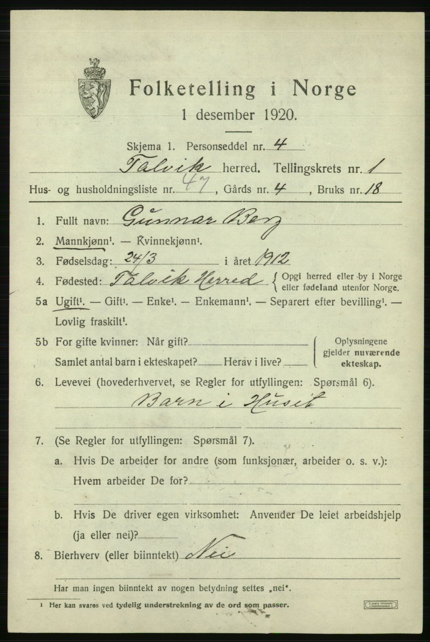 SATØ, 1920 census for Talvik, 1920, p. 1530