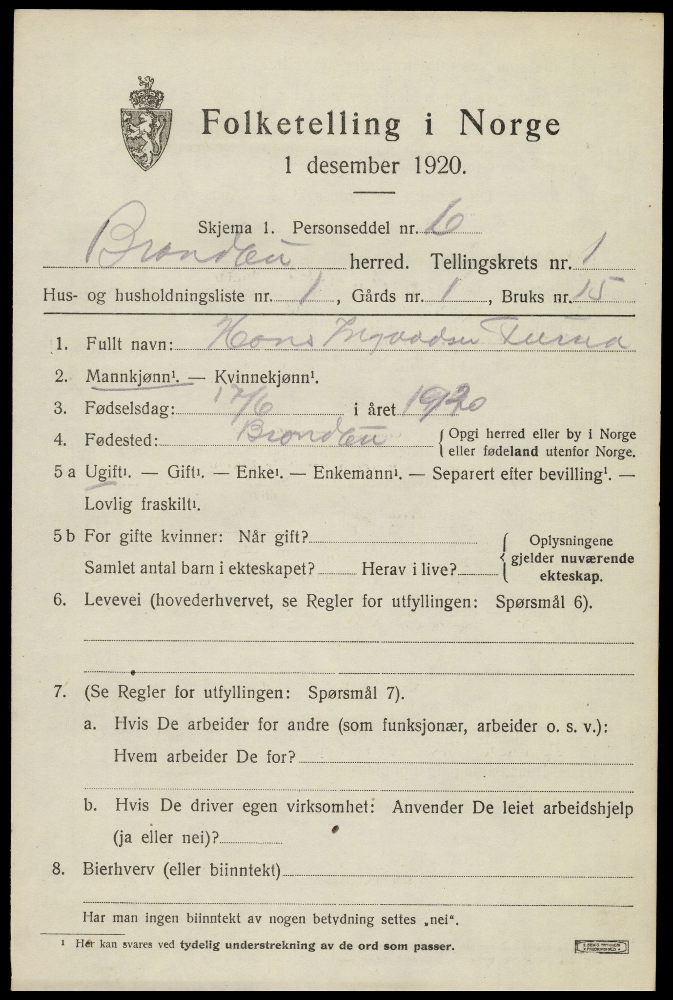 SAH, 1920 census for Brandbu, 1920, p. 1945