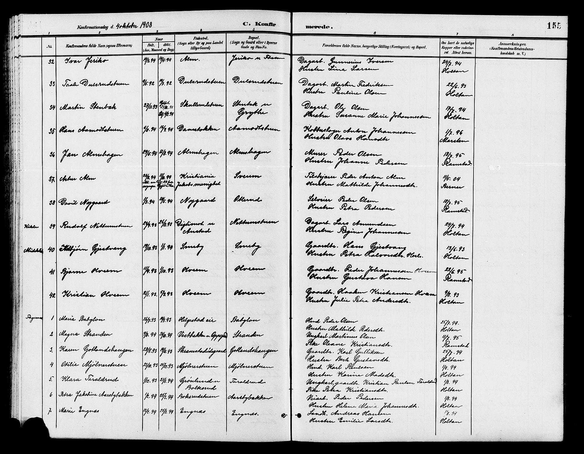 Østre Toten prestekontor, AV/SAH-PREST-104/H/Ha/Hab/L0007: Parish register (copy) no. 7, 1901-1912, p. 155