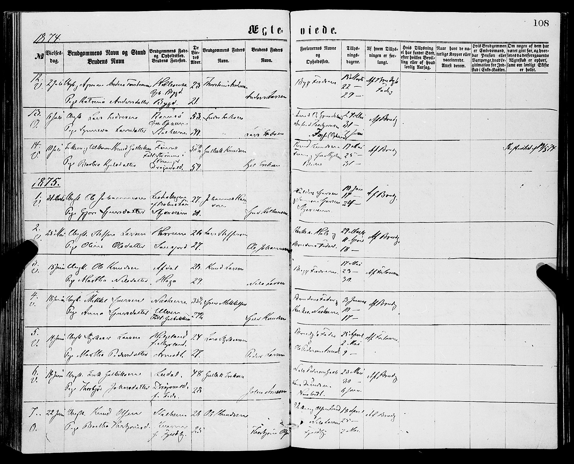Vossestrand Sokneprestembete, AV/SAB-A-79101/H/Haa: Parish register (official) no. A 1, 1866-1877, p. 108