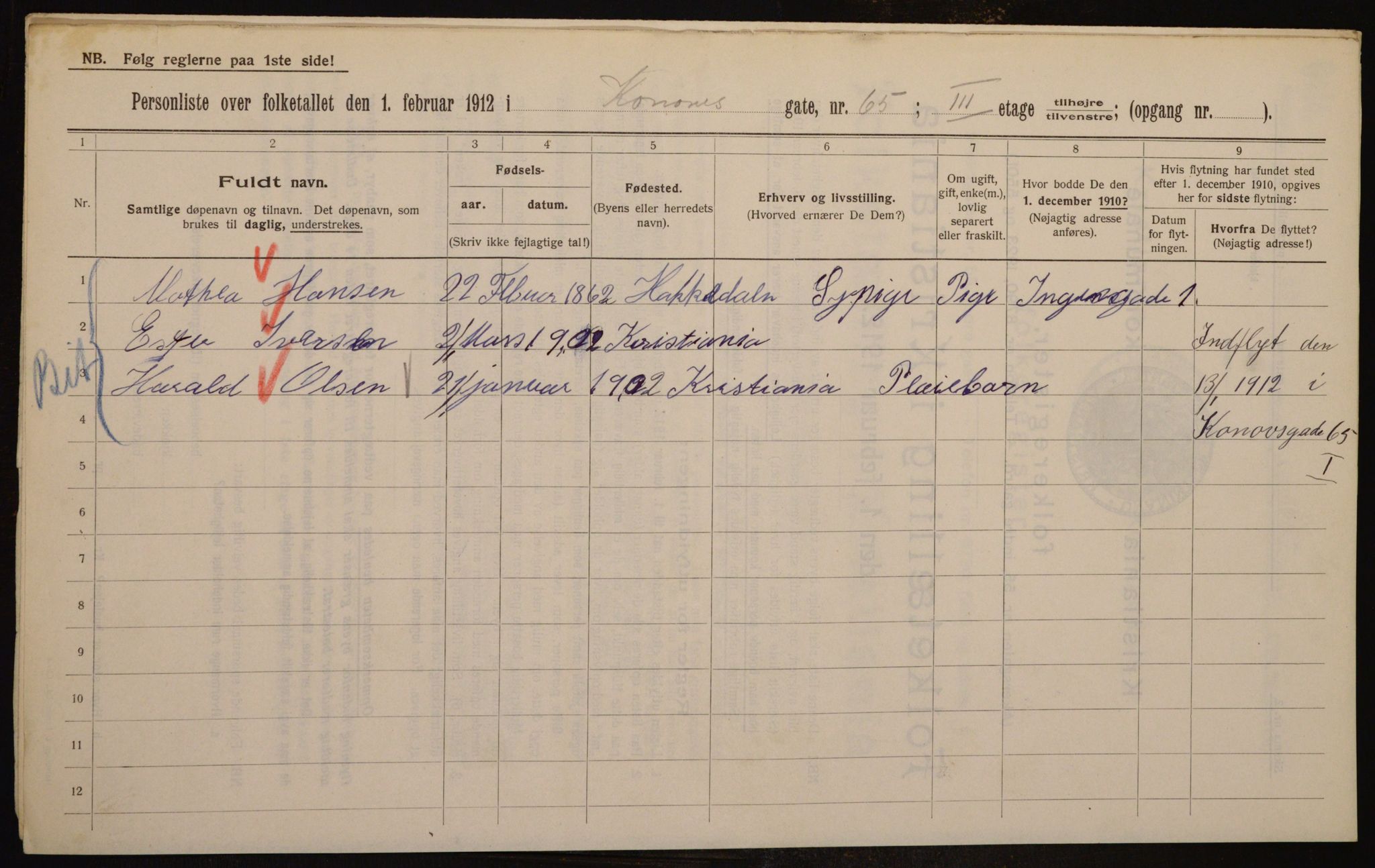 OBA, Municipal Census 1912 for Kristiania, 1912, p. 53669