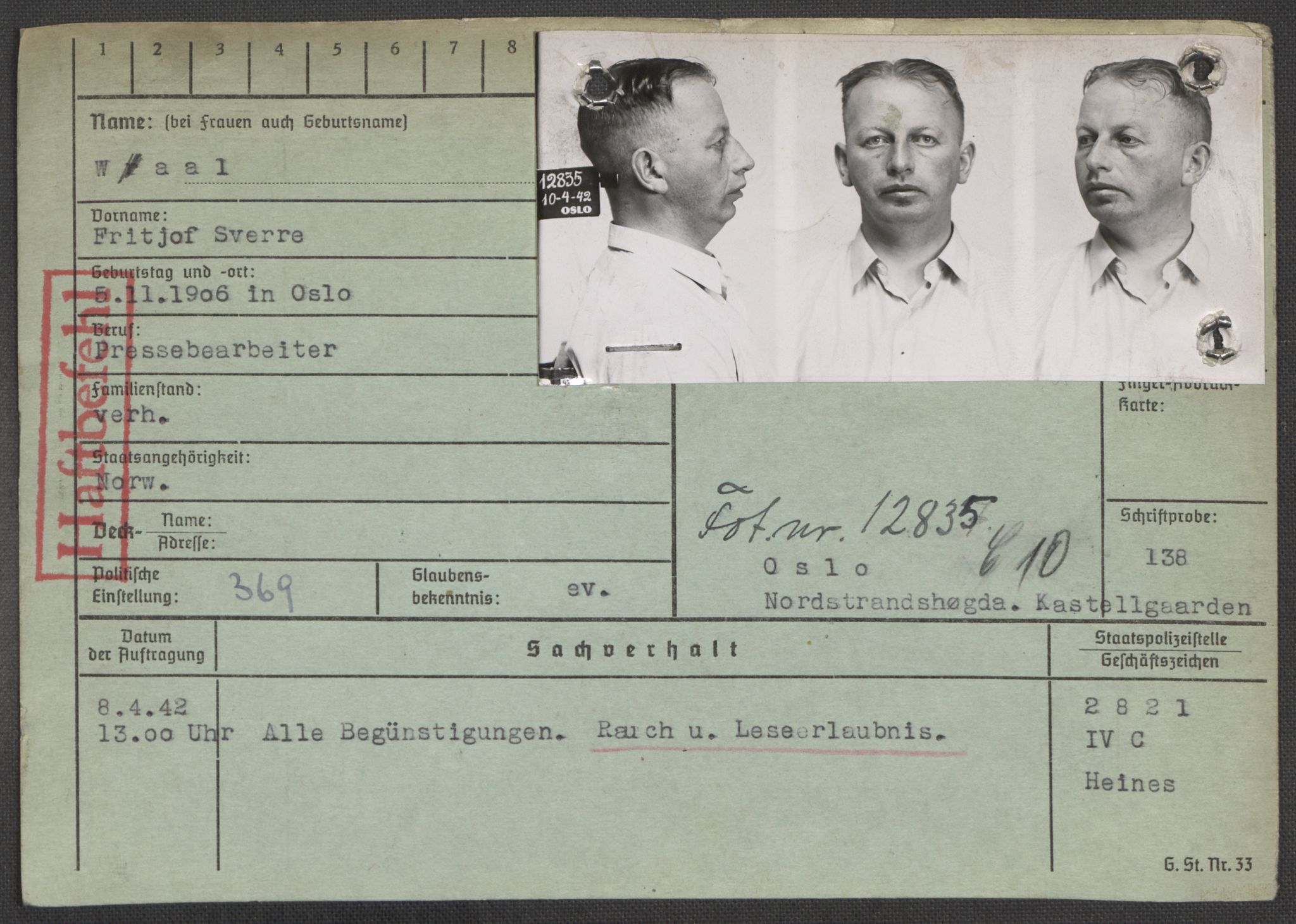 Befehlshaber der Sicherheitspolizei und des SD, RA/RAFA-5969/E/Ea/Eaa/L0010: Register over norske fanger i Møllergata 19: Sø-Å, 1940-1945, p. 1156
