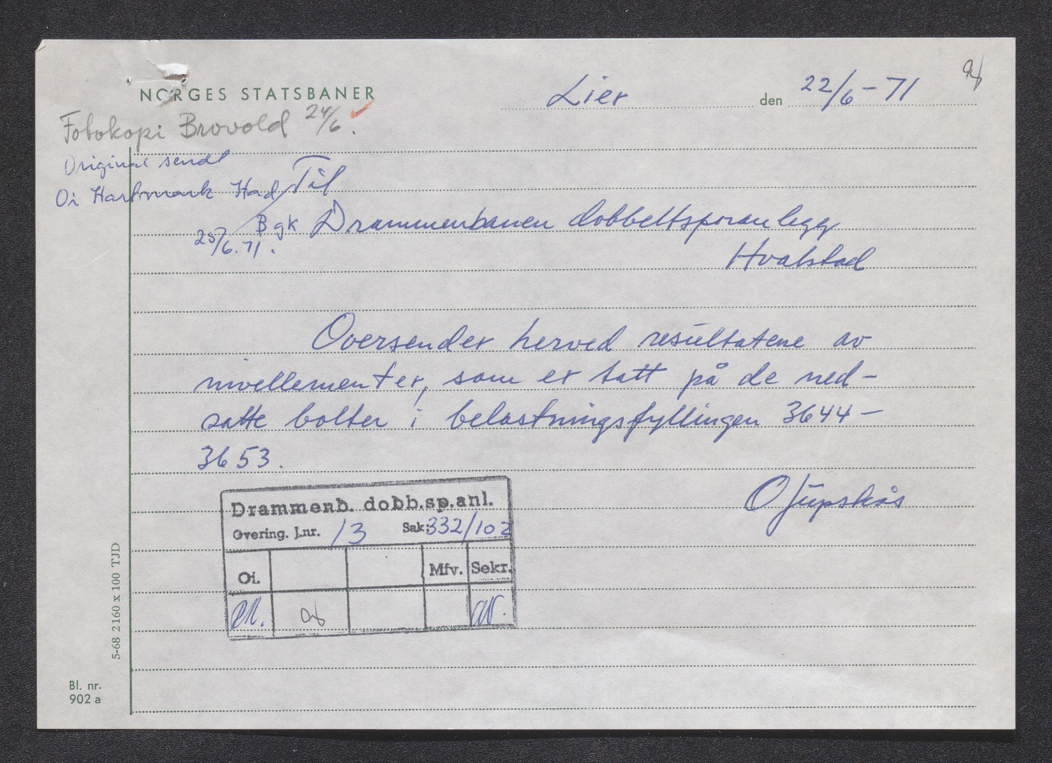 Norges Statsbaner Drammen distrikt (NSB), AV/SAKO-A-30/1.DELARKIV/D/Da/L0006: Utbyggingen av dobbeltspor mellom Asker og Brakerøya, 1957-1974