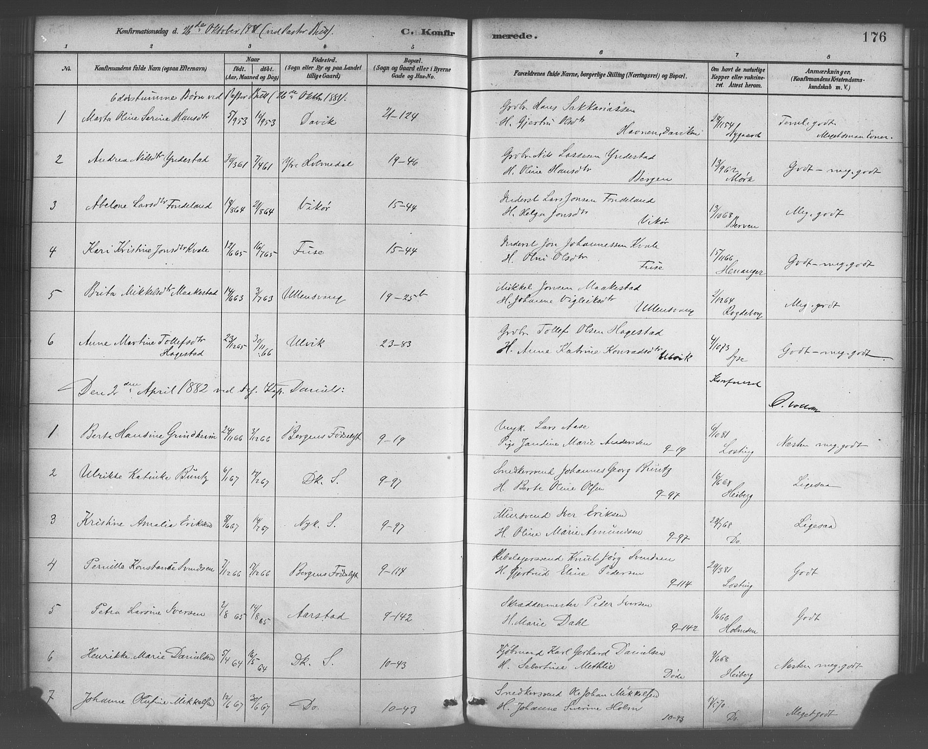 Domkirken sokneprestembete, SAB/A-74801/H/Haa/L0030: Parish register (official) no. C 5, 1880-1898, p. 176