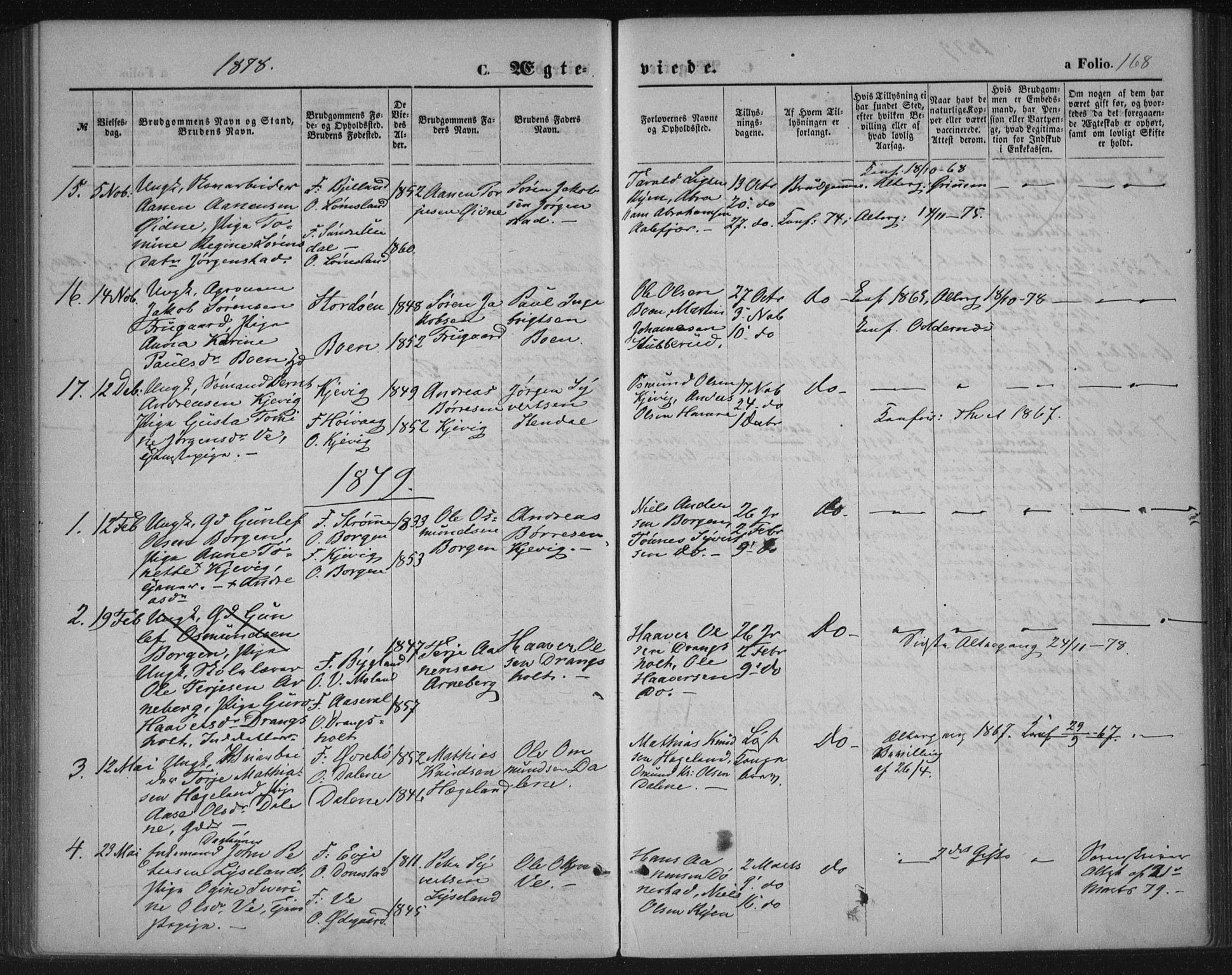 Tveit sokneprestkontor, SAK/1111-0043/F/Fa/L0006: Parish register (official) no. A 6, 1872-1886, p. 168