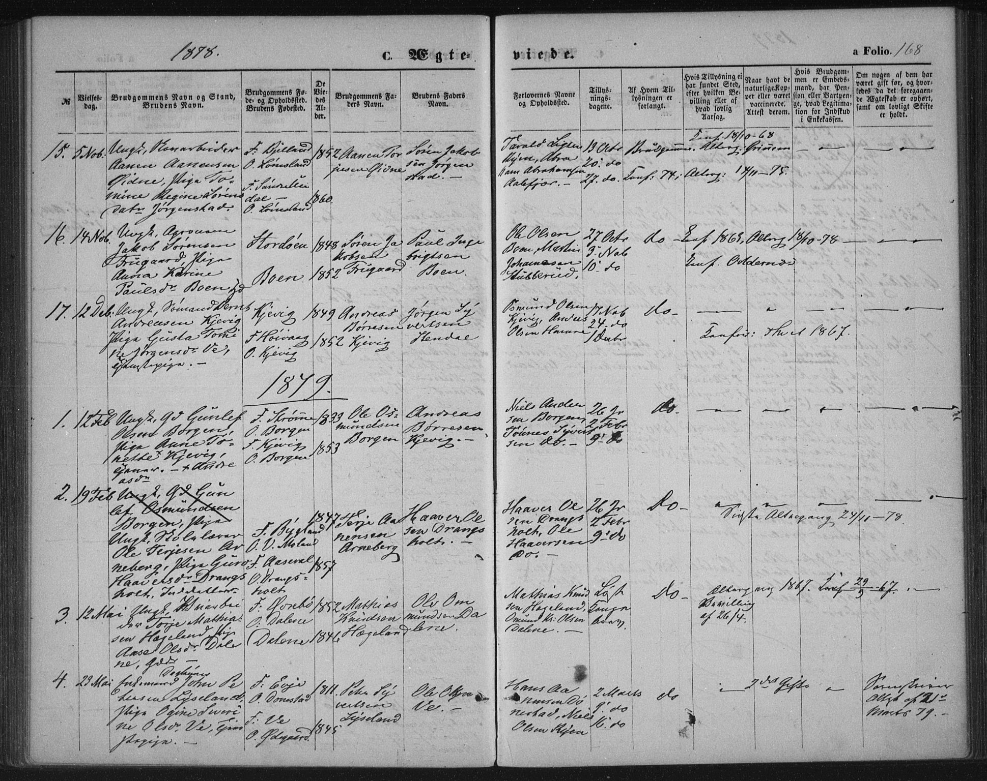 Tveit sokneprestkontor, AV/SAK-1111-0043/F/Fa/L0006: Parish register (official) no. A 6, 1872-1886, p. 168