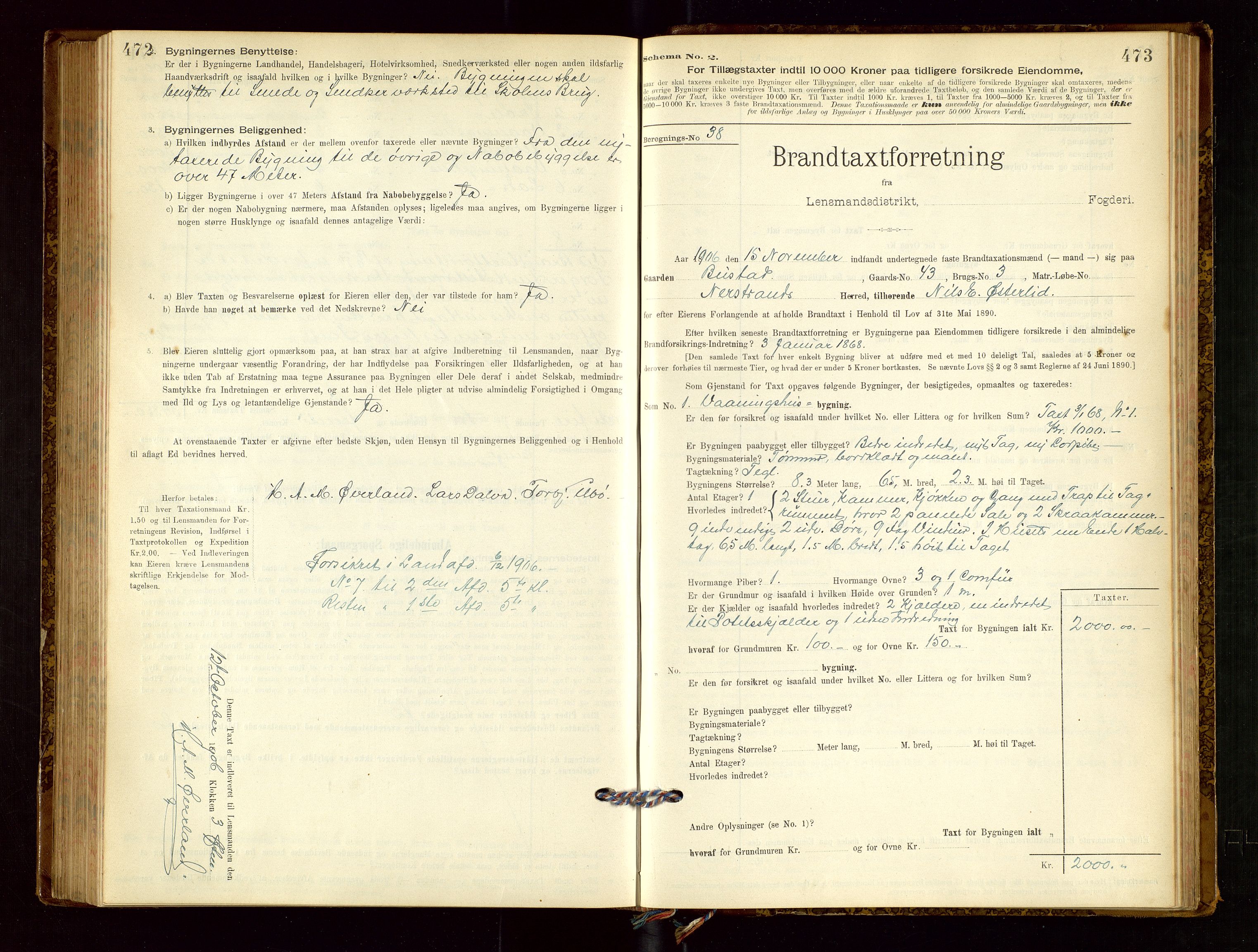 Nedstrand lensmannskontor, AV/SAST-A-100236/Gob/L0001: "Brandtaxationsprotokol for Nerstrand Lensmandsdistrikt Ryfylke fogderi", 1895-1915, p. 472-473