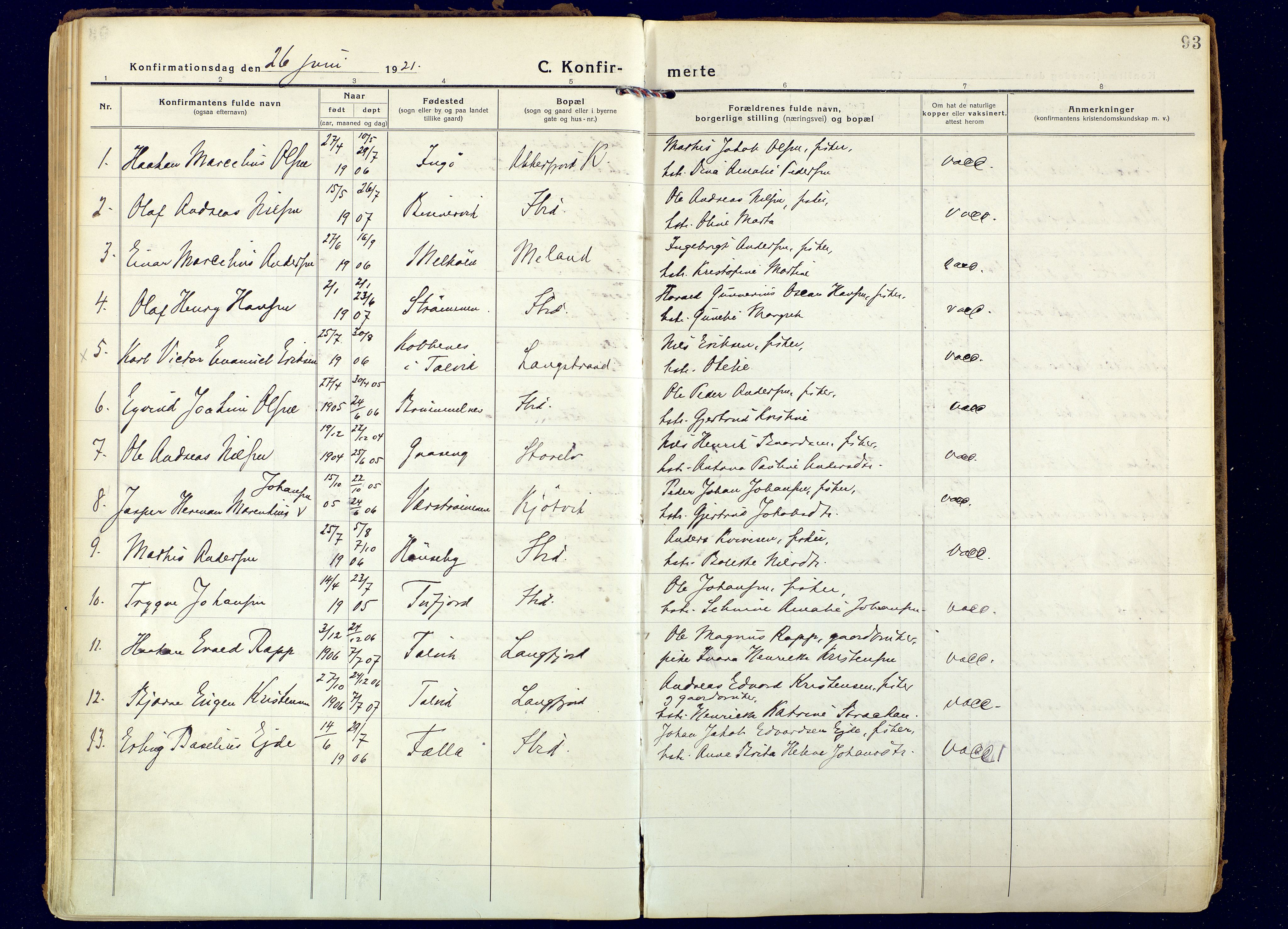 Hammerfest sokneprestkontor, SATØ/S-1347: Parish register (official) no. 18, 1918-1933, p. 93