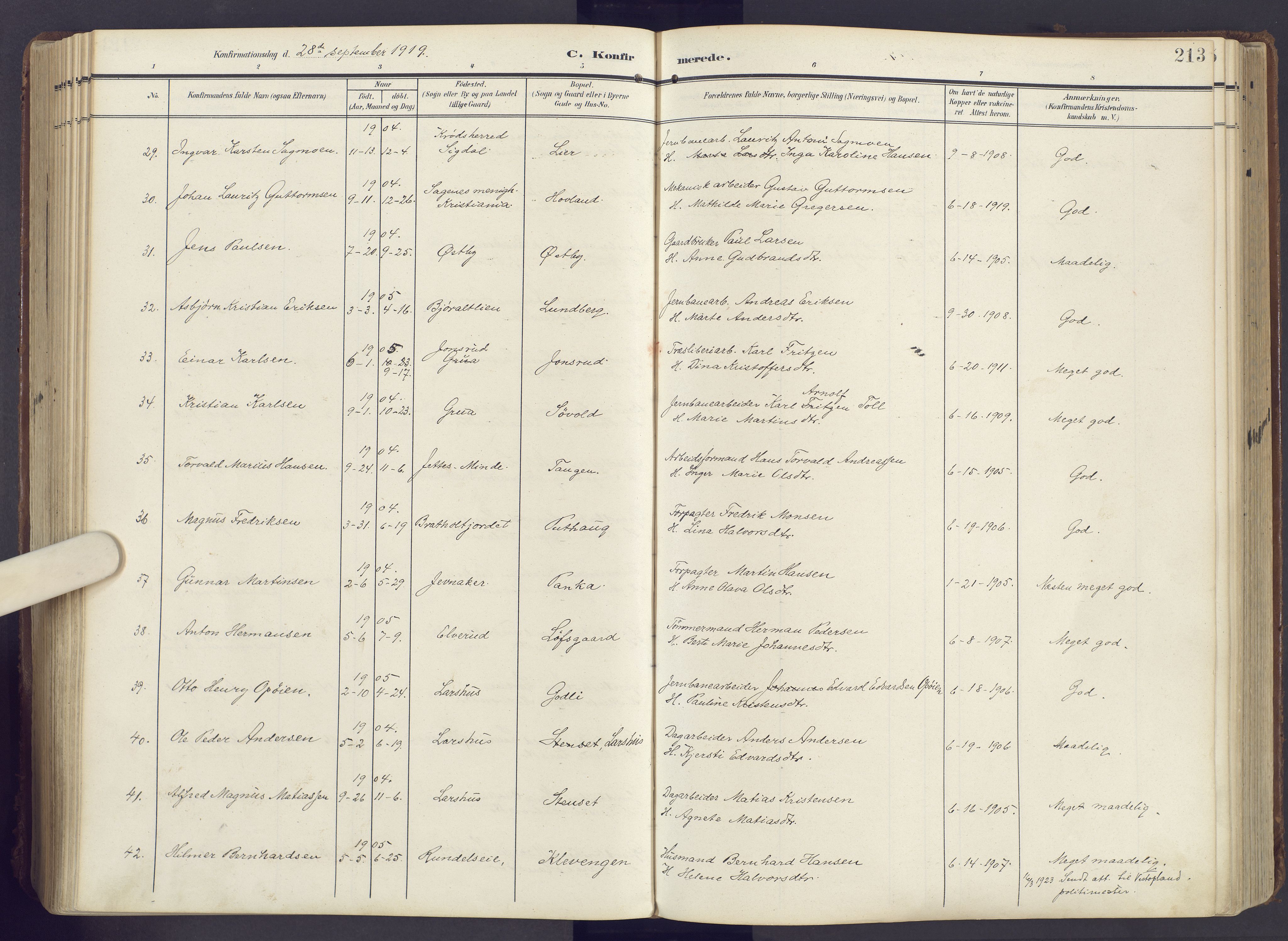 Lunner prestekontor, AV/SAH-PREST-118/H/Ha/Haa/L0001: Parish register (official) no. 1, 1907-1922, p. 213