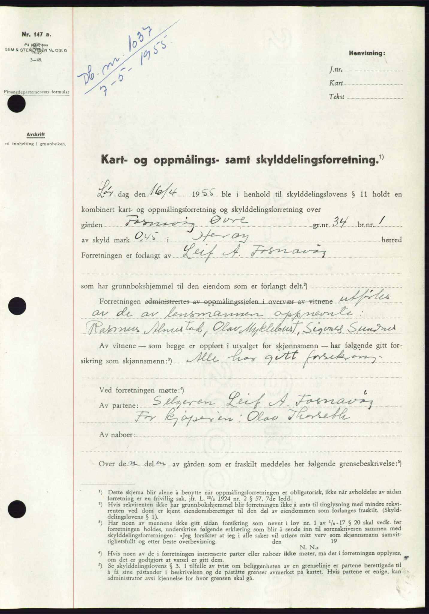 Søre Sunnmøre sorenskriveri, AV/SAT-A-4122/1/2/2C/L0100: Mortgage book no. 26A, 1954-1955, Diary no: : 1037/1955