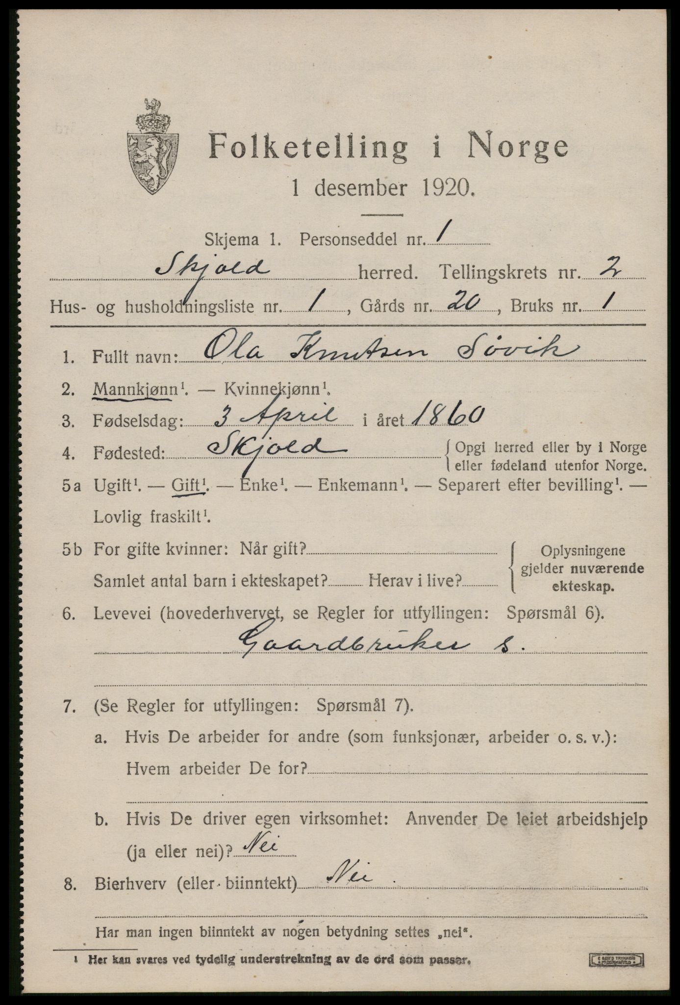 SAST, 1920 census for Skjold, 1920, p. 1688