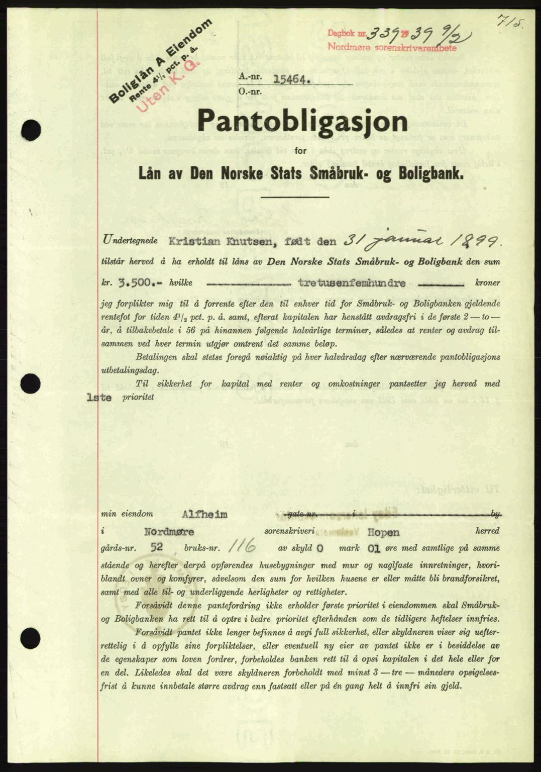 Nordmøre sorenskriveri, SAT/A-4132/1/2/2Ca: Mortgage book no. B84, 1938-1939, Diary no: : 339/1939