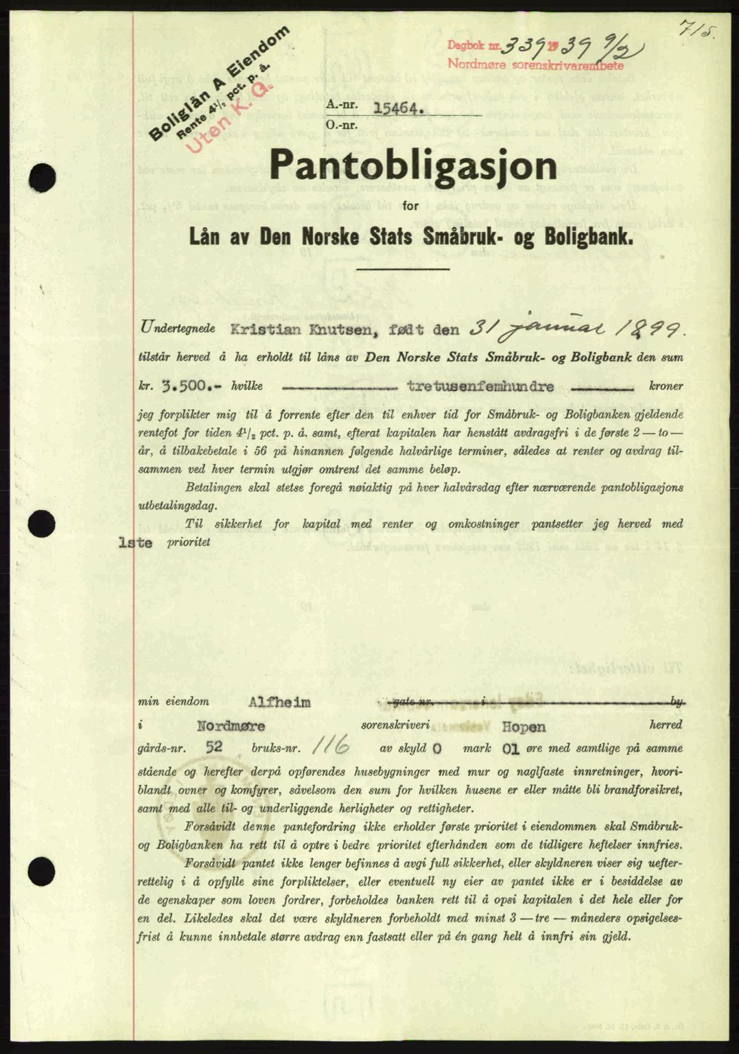 Nordmøre sorenskriveri, AV/SAT-A-4132/1/2/2Ca: Mortgage book no. B84, 1938-1939, Diary no: : 339/1939