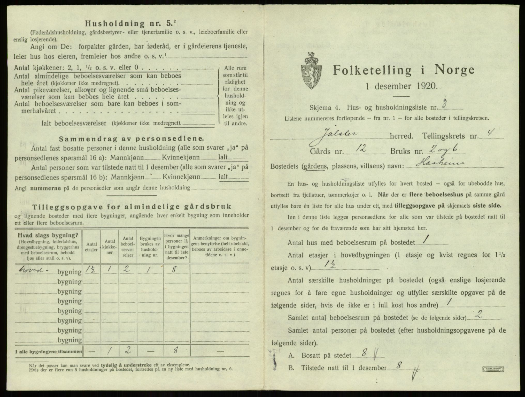 SAB, 1920 census for Jølster, 1920, p. 274