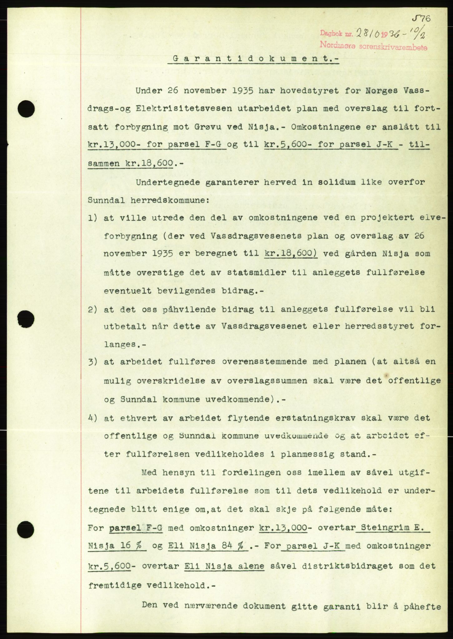 Nordmøre sorenskriveri, AV/SAT-A-4132/1/2/2Ca/L0090: Mortgage book no. B80, 1936-1937, Diary no: : 2810/1936