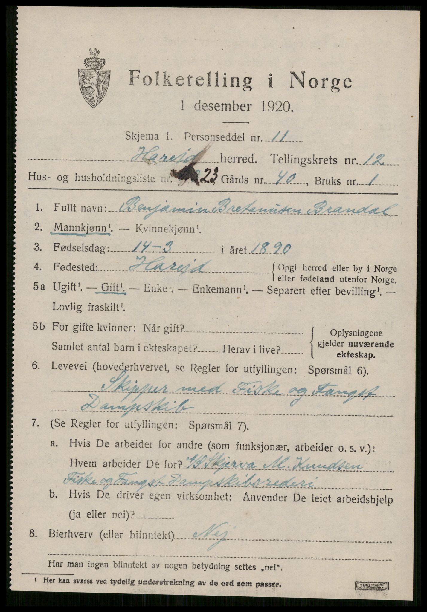 SAT, 1920 census for Hareid, 1920, p. 4923