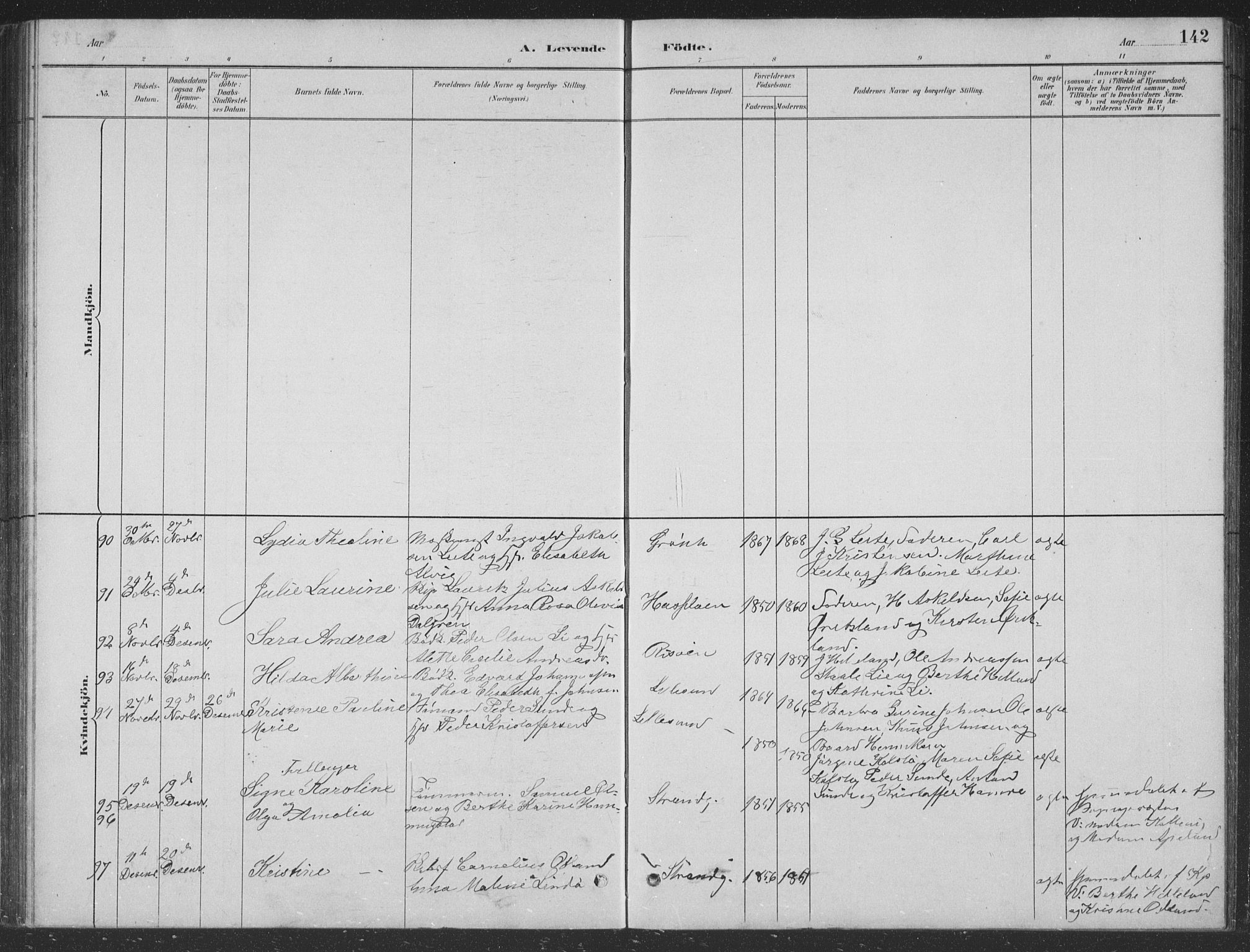 Haugesund sokneprestkontor, AV/SAST-A -101863/H/Ha/Hab/L0002: Parish register (copy) no. B 2, 1881-1894, p. 142