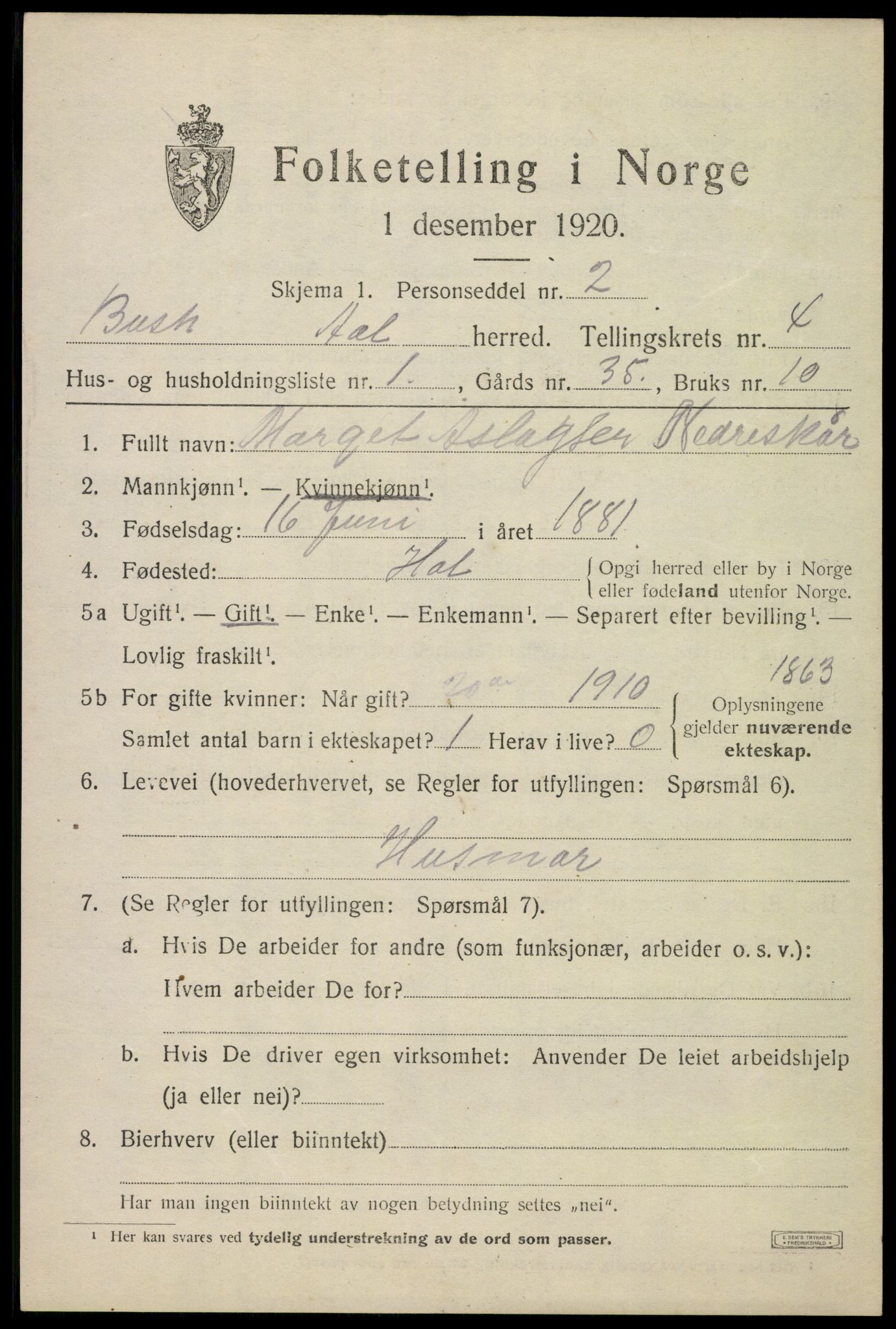 SAKO, 1920 census for Ål, 1920, p. 3076