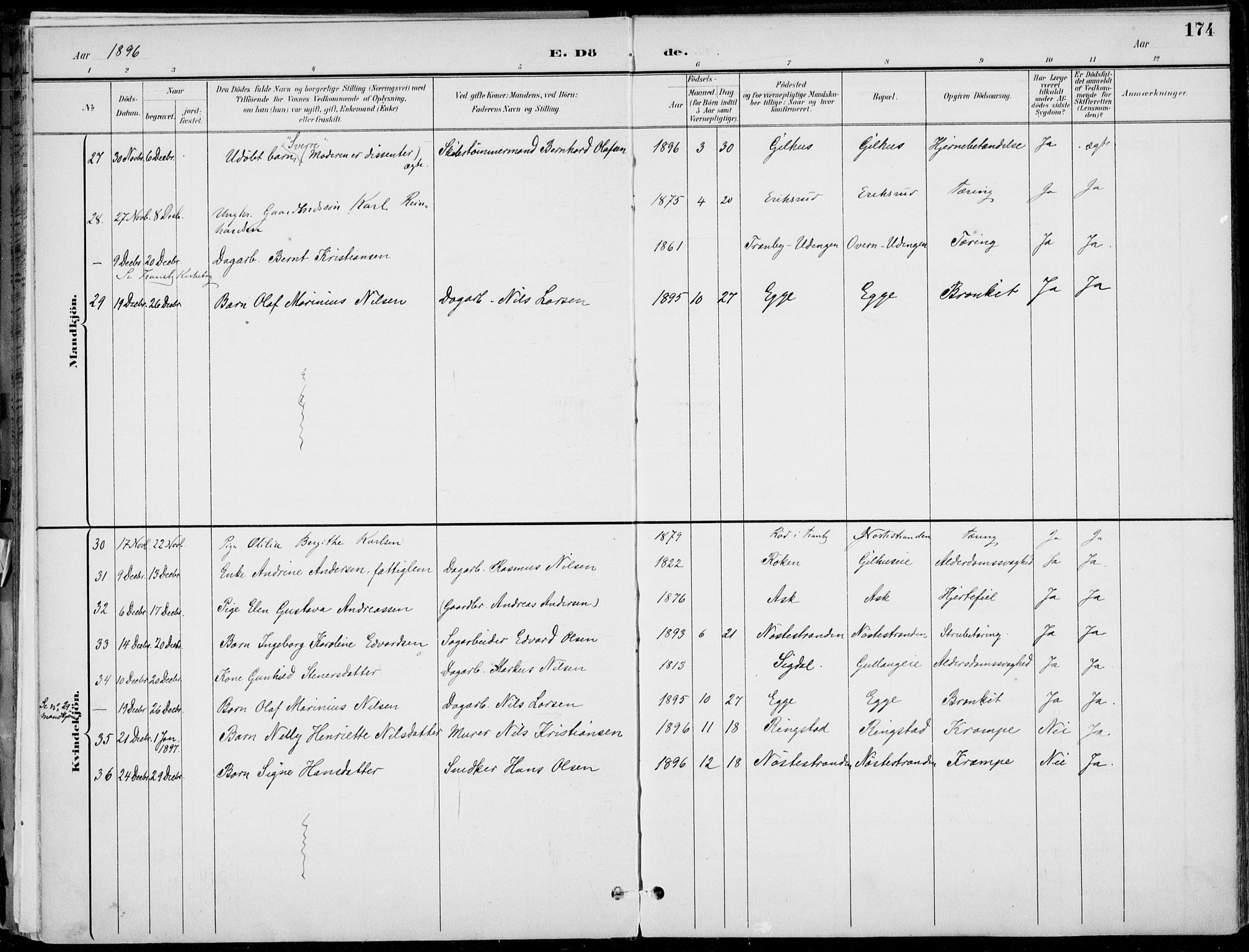 Lier kirkebøker, AV/SAKO-A-230/F/Fa/L0016: Parish register (official) no. I 16, 1895-1900, p. 174