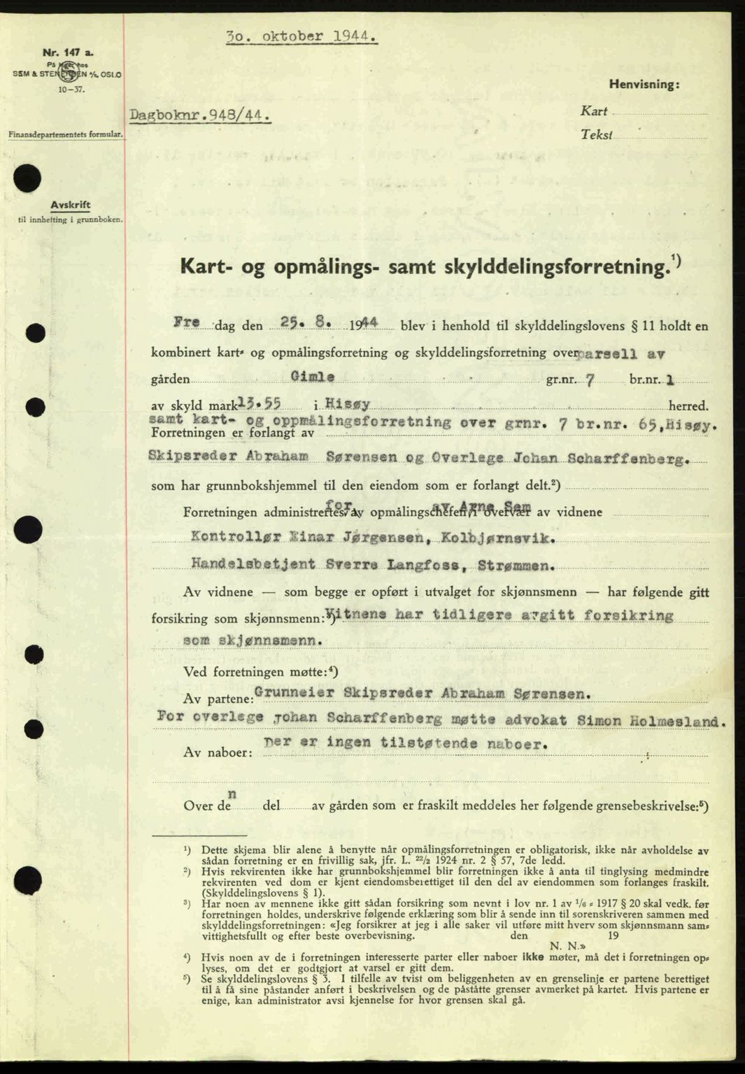 Nedenes sorenskriveri, AV/SAK-1221-0006/G/Gb/Gba/L0052: Mortgage book no. A6a, 1944-1945, Diary no: : 948/1944