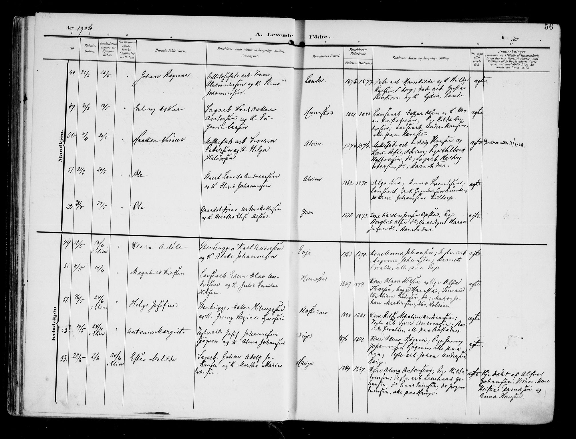 Tune prestekontor Kirkebøker, AV/SAO-A-2007/F/Fa/L0020: Parish register (official) no. 20, 1904-1909, p. 56