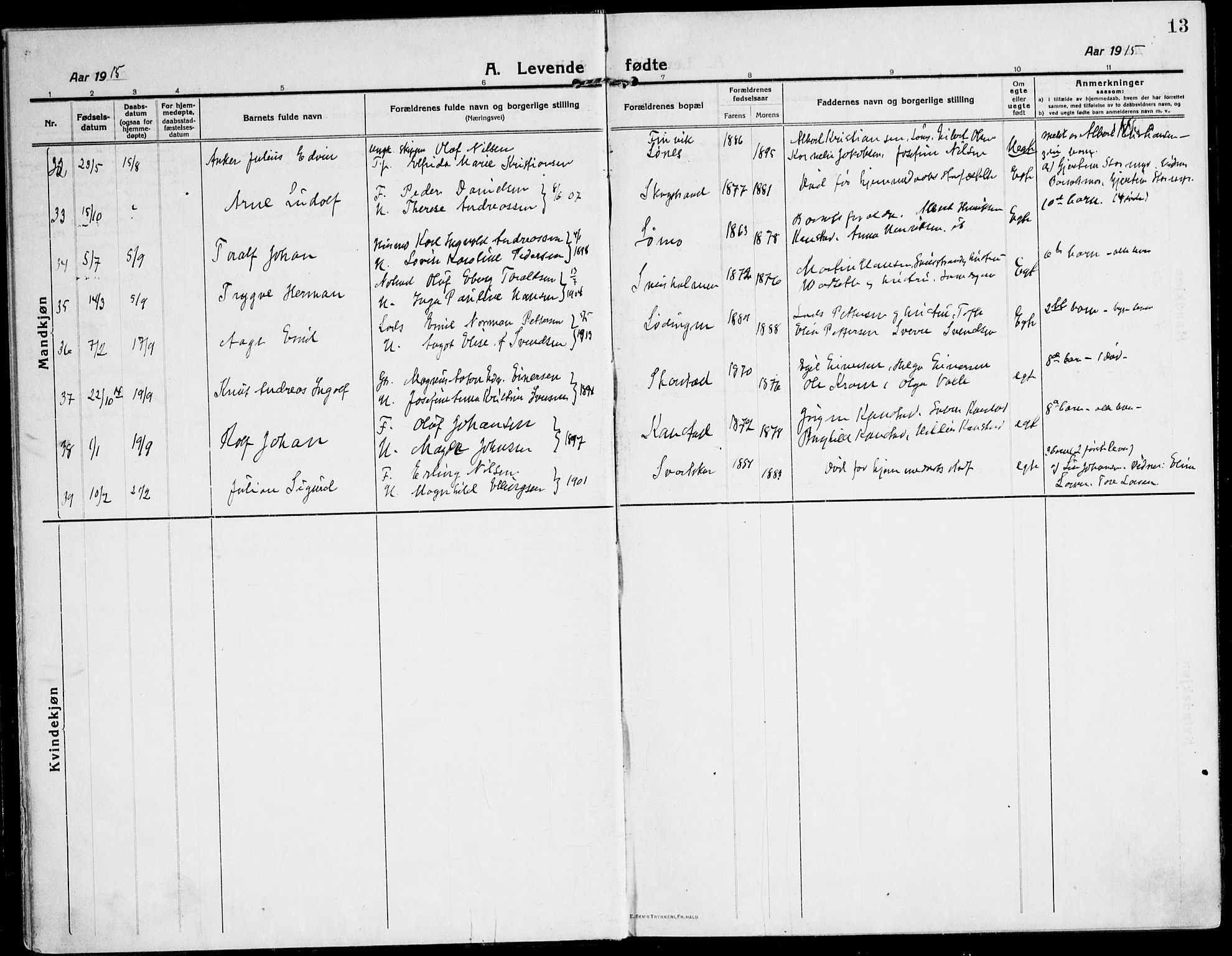 Ministerialprotokoller, klokkerbøker og fødselsregistre - Nordland, AV/SAT-A-1459/872/L1037: Parish register (official) no. 872A12, 1914-1925, p. 13