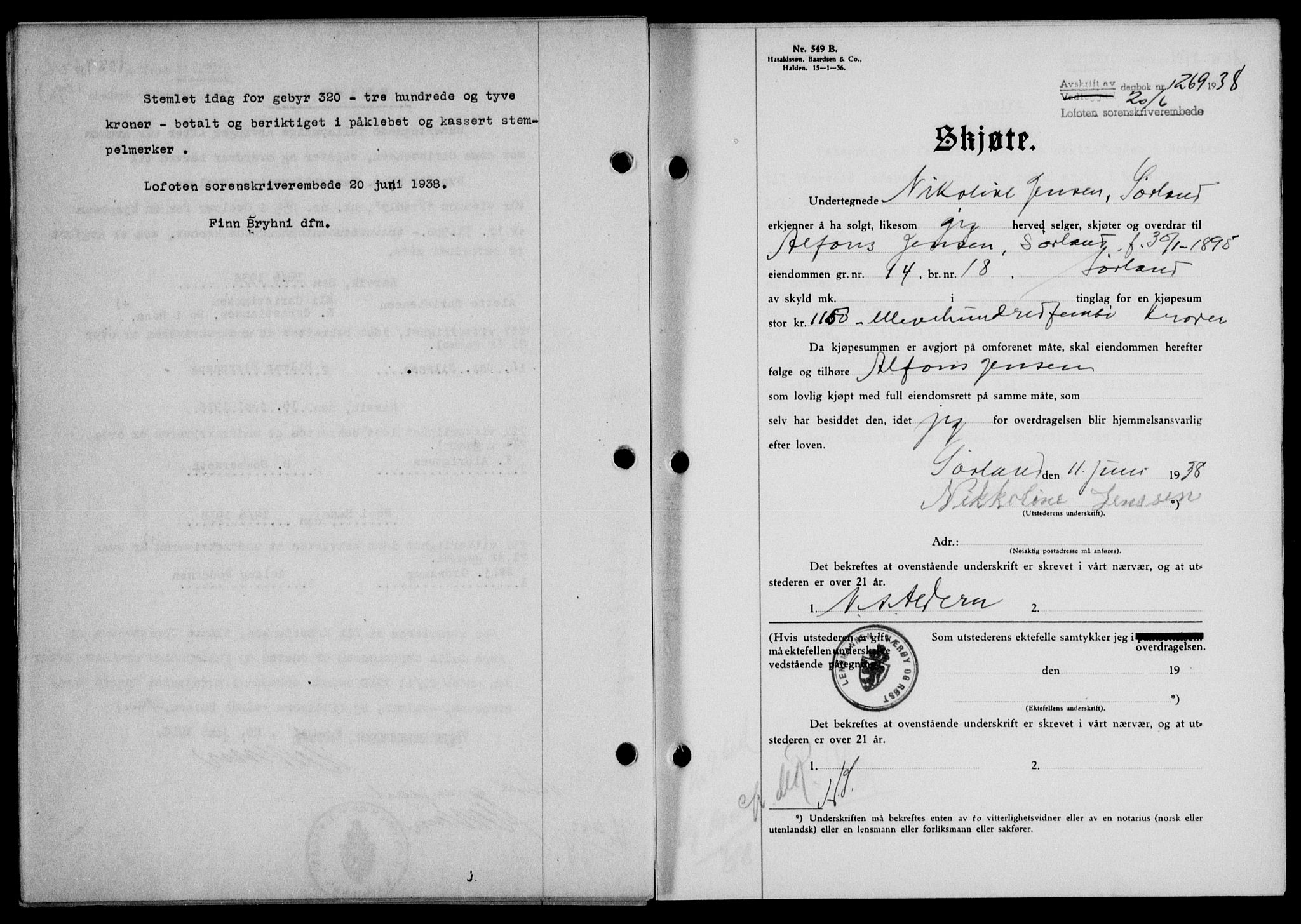 Lofoten sorenskriveri, SAT/A-0017/1/2/2C/L0004a: Mortgage book no. 4a, 1938-1938, Diary no: : 1269/1938