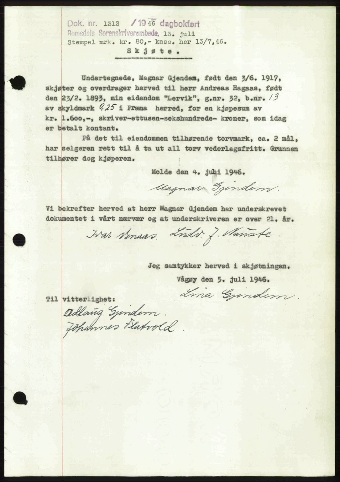 Romsdal sorenskriveri, AV/SAT-A-4149/1/2/2C: Mortgage book no. A20, 1946-1946, Diary no: : 1312/1946