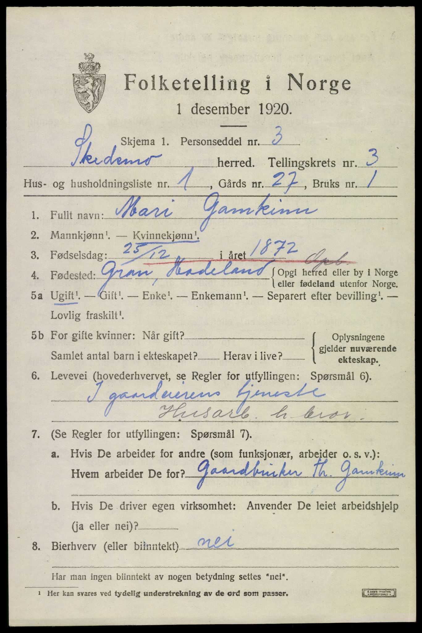 SAO, 1920 census for Skedsmo, 1920, p. 3587