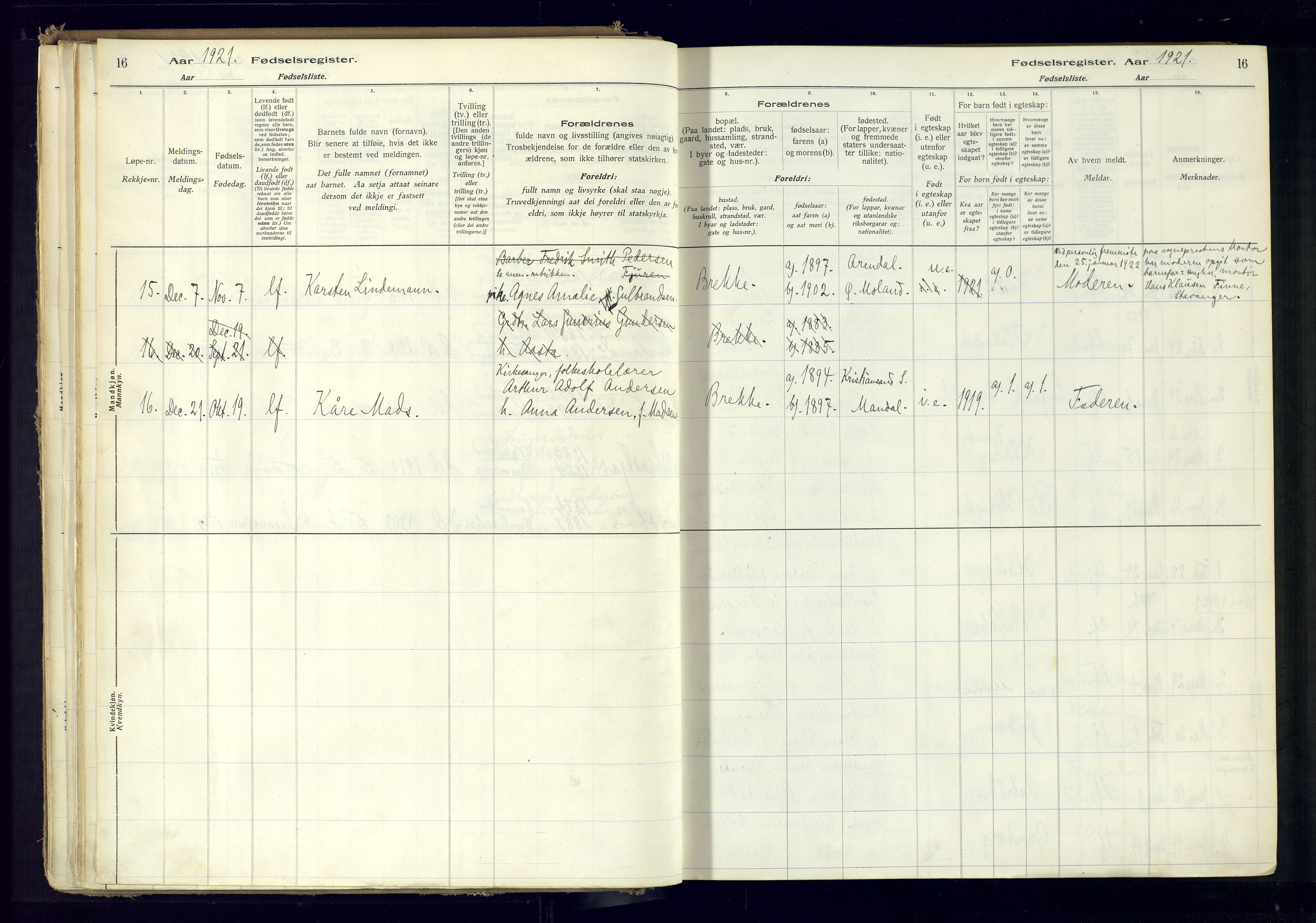 Austre Moland sokneprestkontor, SAK/1111-0001/J/Ja/L0001: Birth register no. A-VI-25, 1916-1975, p. 16