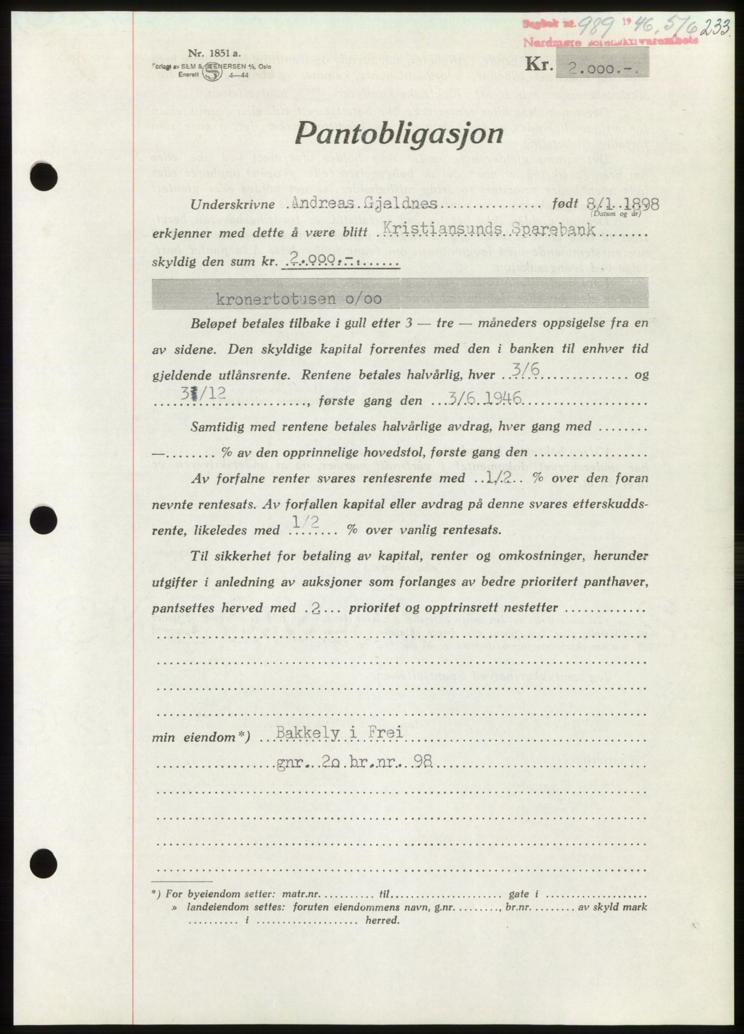 Nordmøre sorenskriveri, AV/SAT-A-4132/1/2/2Ca: Mortgage book no. B94, 1946-1946, Diary no: : 989/1946