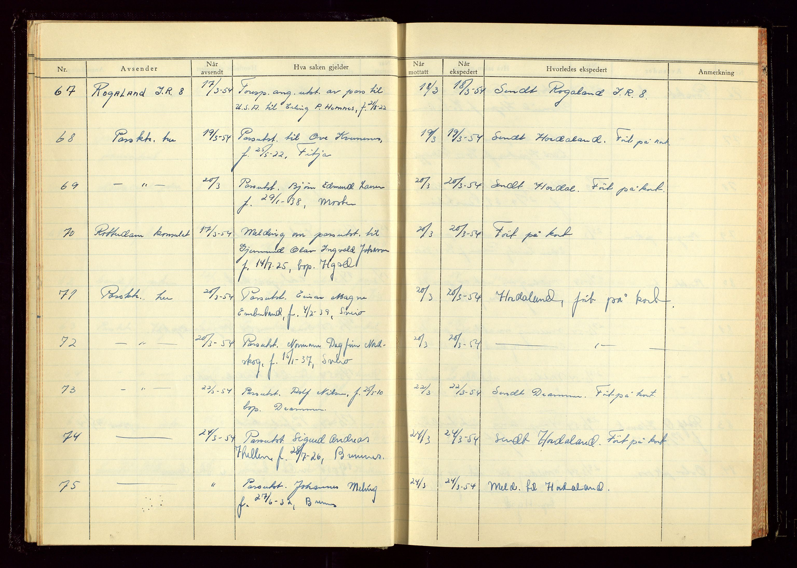Haugesund politikammer, AV/SAST-A-100440/K/L0007: Passjournal (16 12 53-07 1065), 1953-1965, p. 12