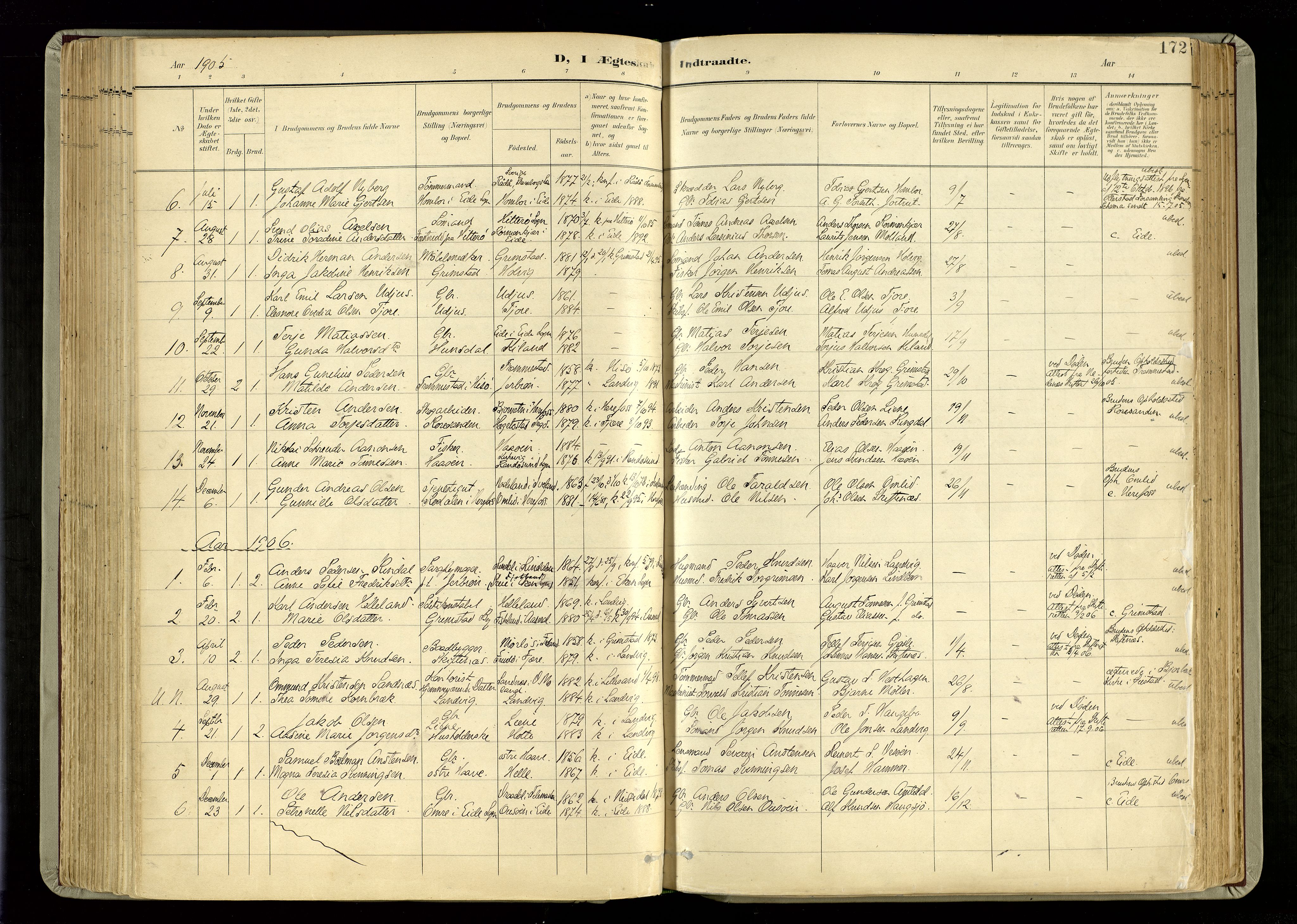 Hommedal sokneprestkontor, AV/SAK-1111-0023/F/Fa/Fab/L0007: Parish register (official) no. A 7, 1898-1924, p. 172