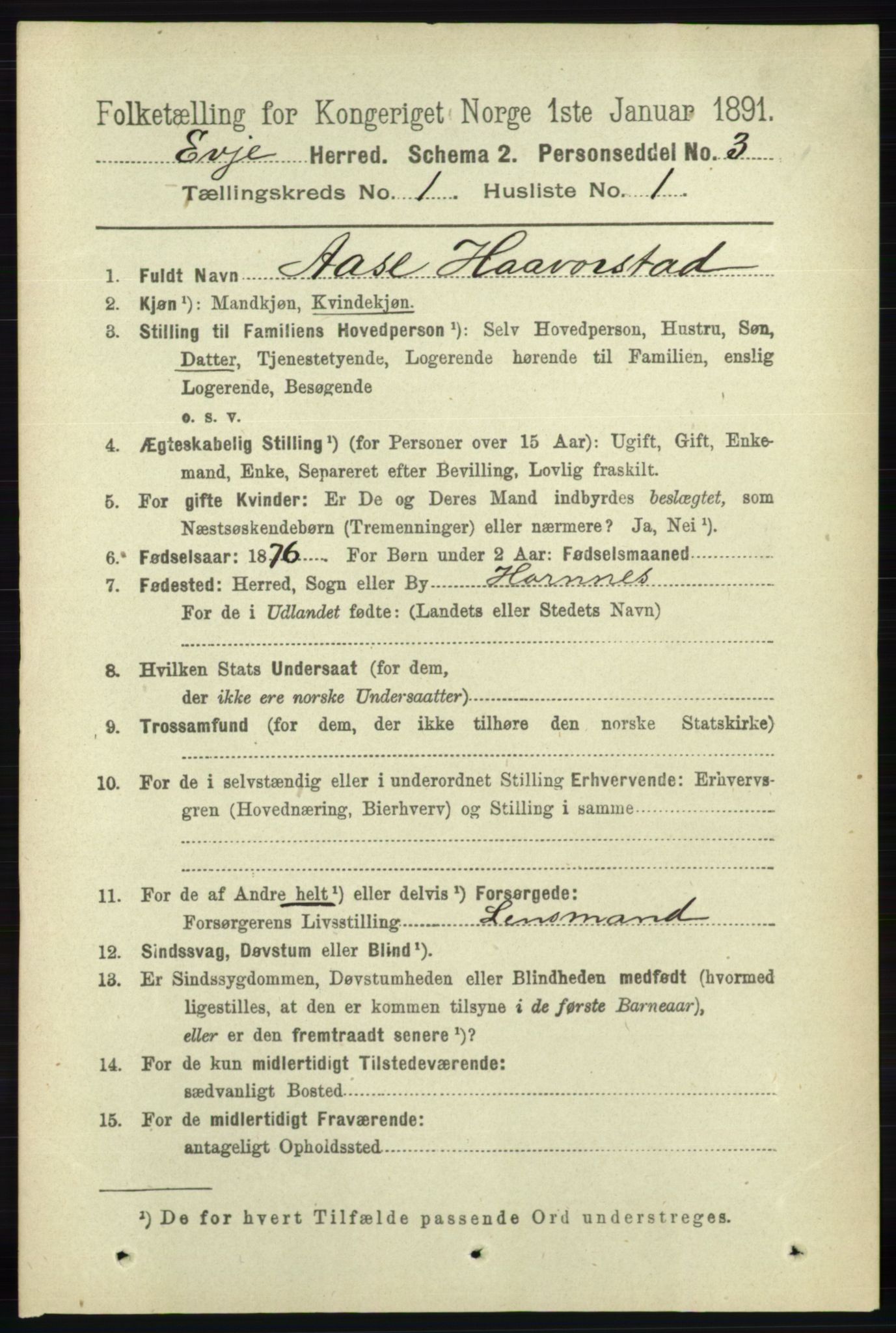 RA, 1891 census for 0937 Evje, 1891, p. 59