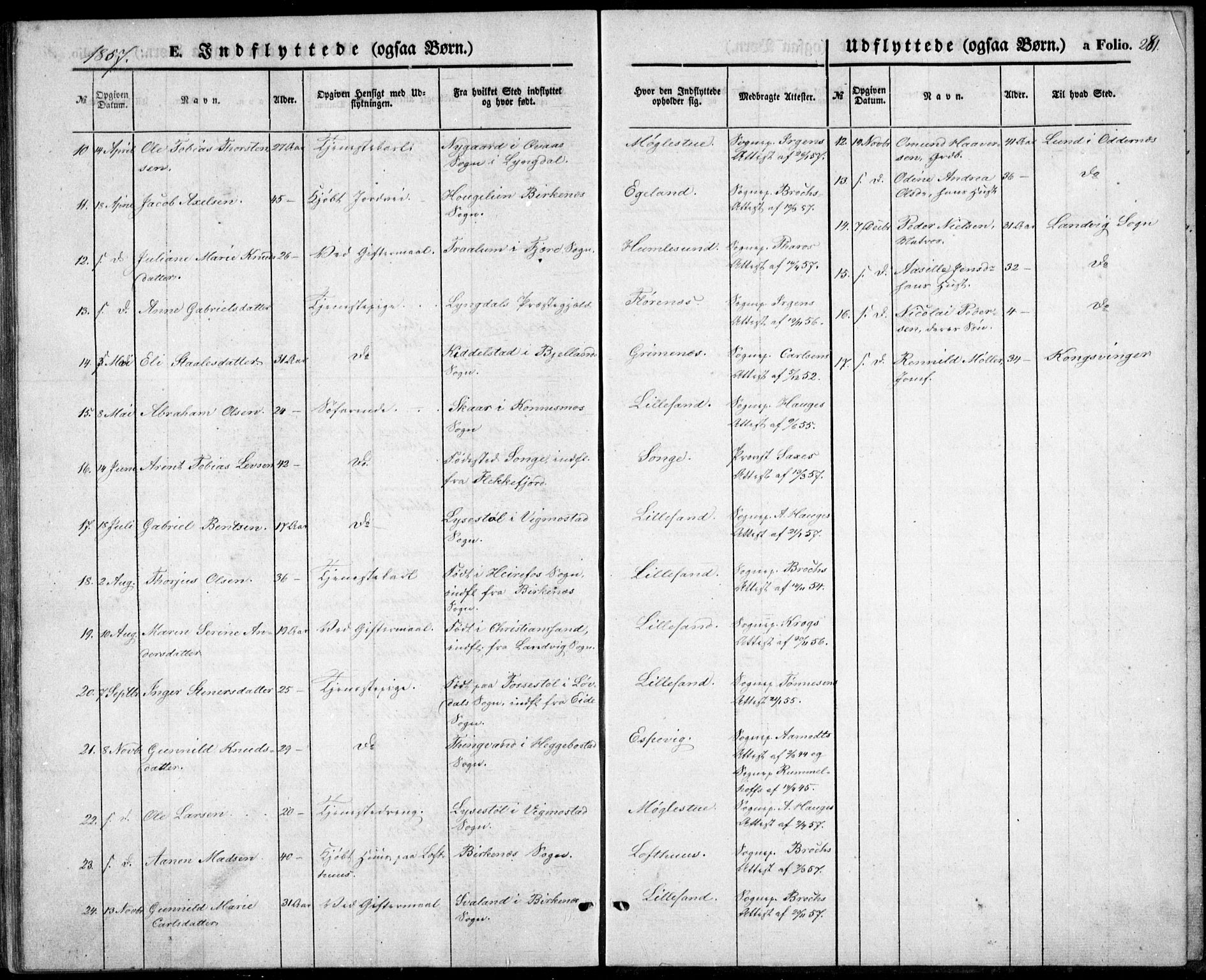 Vestre Moland sokneprestkontor, AV/SAK-1111-0046/F/Fb/Fbb/L0003: Parish register (copy) no. B 3, 1851-1861, p. 281