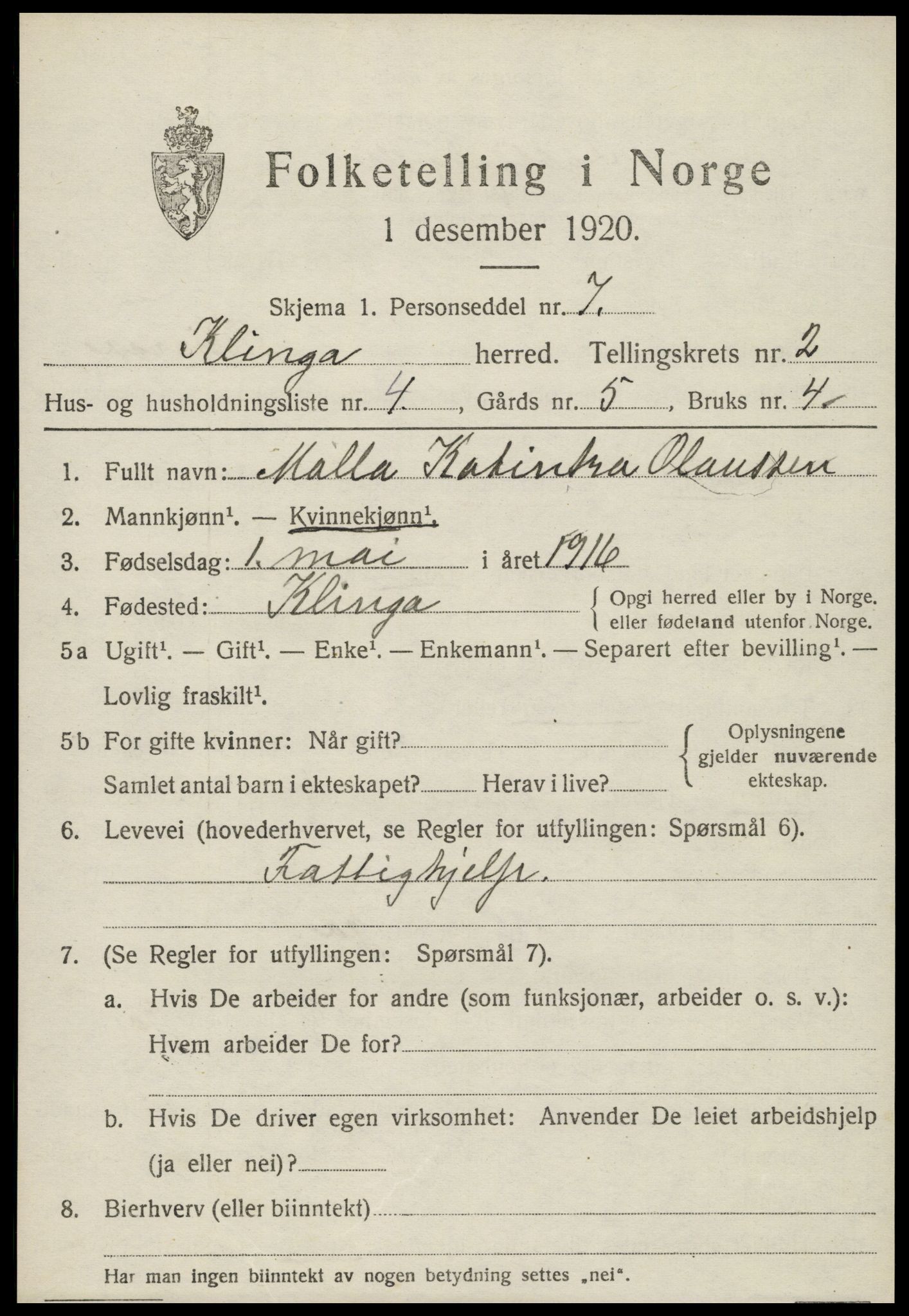 SAT, 1920 census for Klinga, 1920, p. 1431