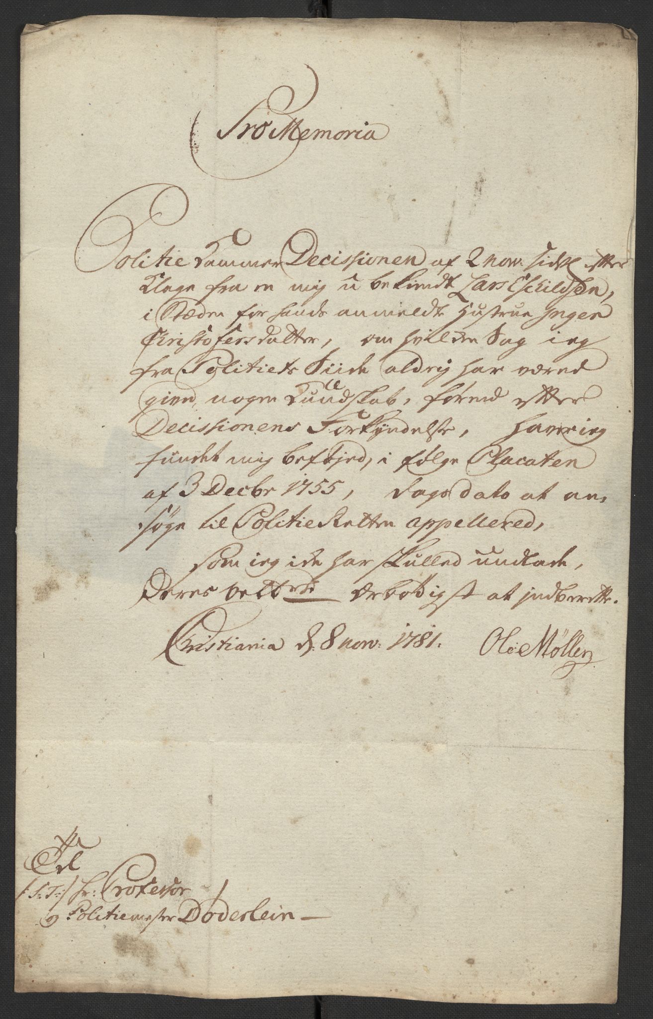 Oslo politidistrikt, AV/SAO-A-10085/D/Da/L0003: Innkomne brev, pro memoria m.v., 1781, p. 85