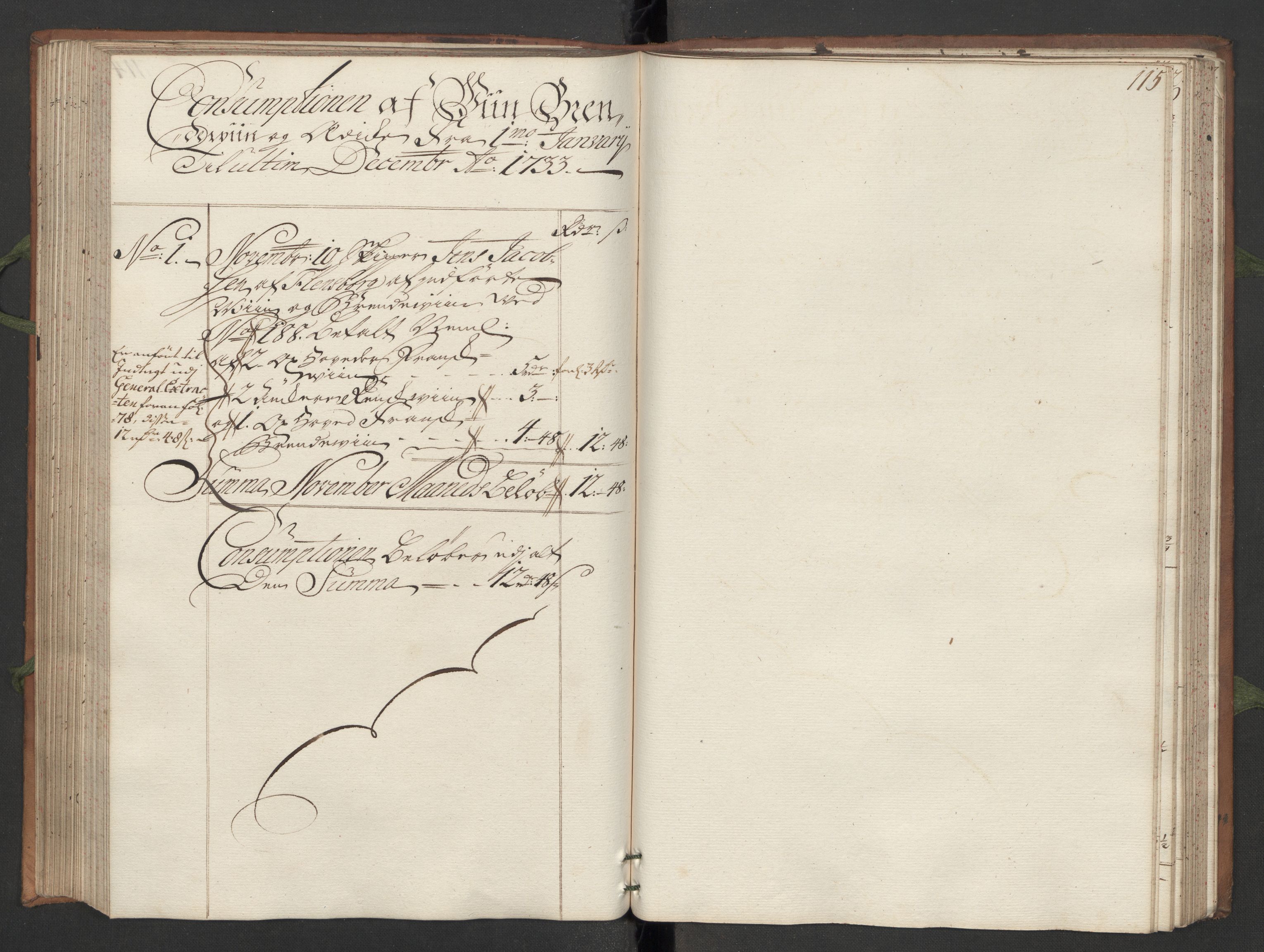 Generaltollkammeret, tollregnskaper, AV/RA-EA-5490/R13/L0007/0001: Tollregnskaper Kragerø / Hovedtollbok, 1733, p. 114b-115a