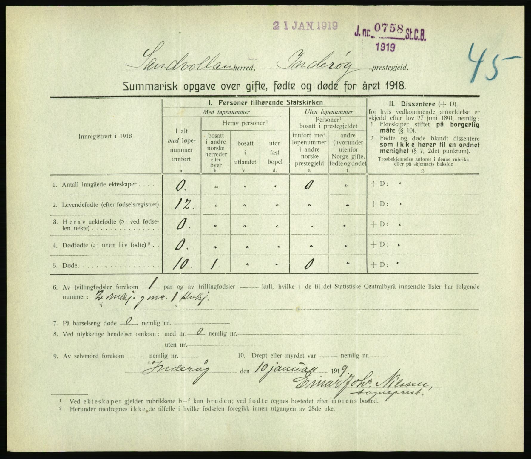 Statistisk sentralbyrå, Sosiodemografiske emner, Befolkning, RA/S-2228/D/Df/Dfb/Dfbh/L0059: Summariske oppgaver over gifte, fødte og døde for hele landet., 1918, p. 1403