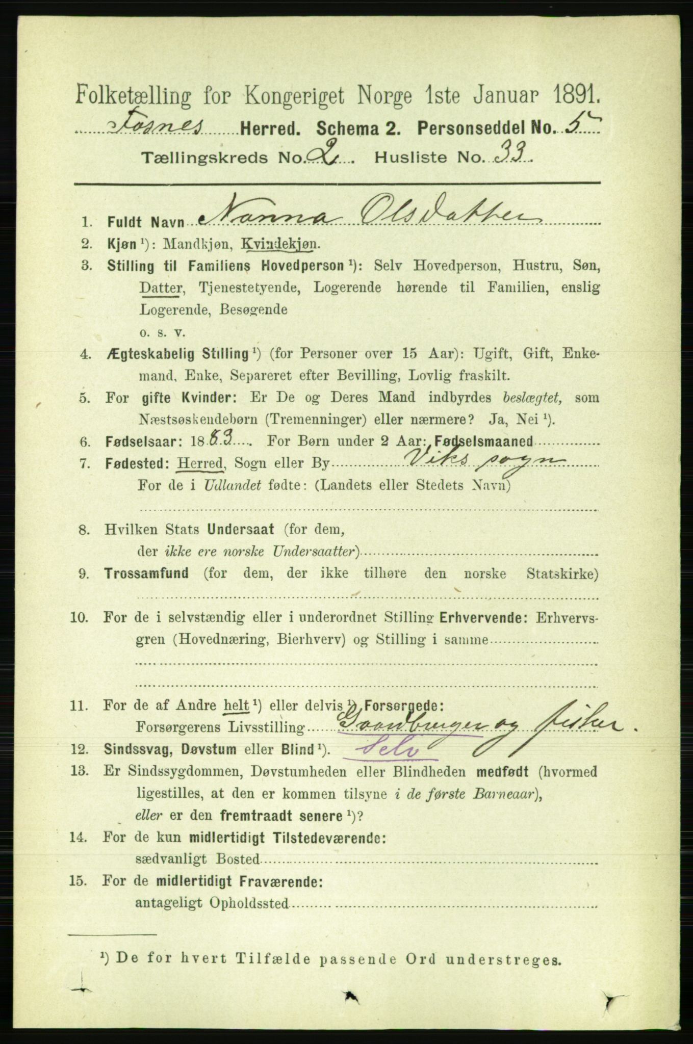 RA, 1891 census for 1748 Fosnes, 1891, p. 599