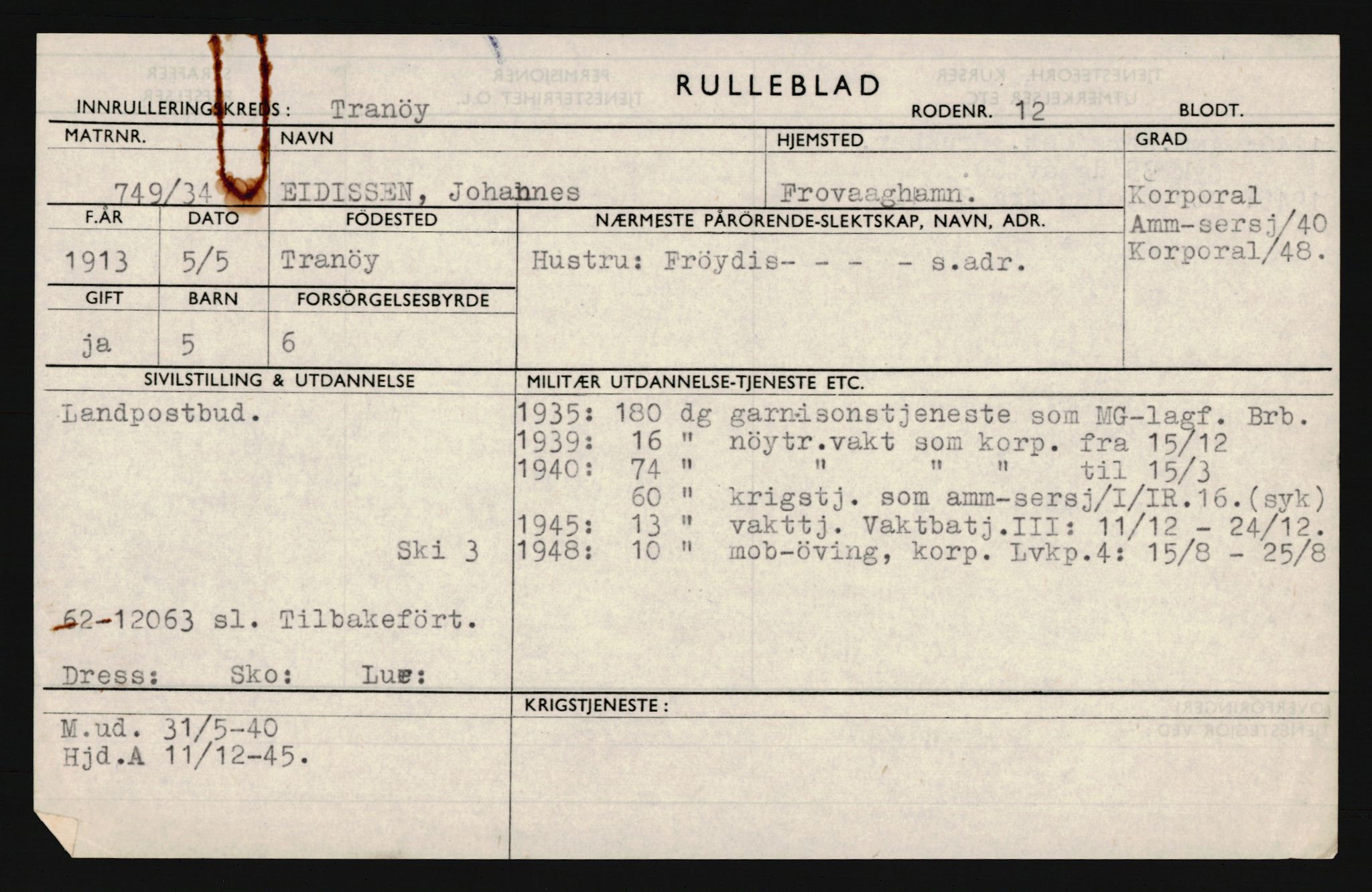 Forsvaret, Troms infanteriregiment nr. 16, AV/RA-RAFA-3146/P/Pa/L0018: Rulleblad for regimentets menige mannskaper, årsklasse 1934, 1934, p. 185