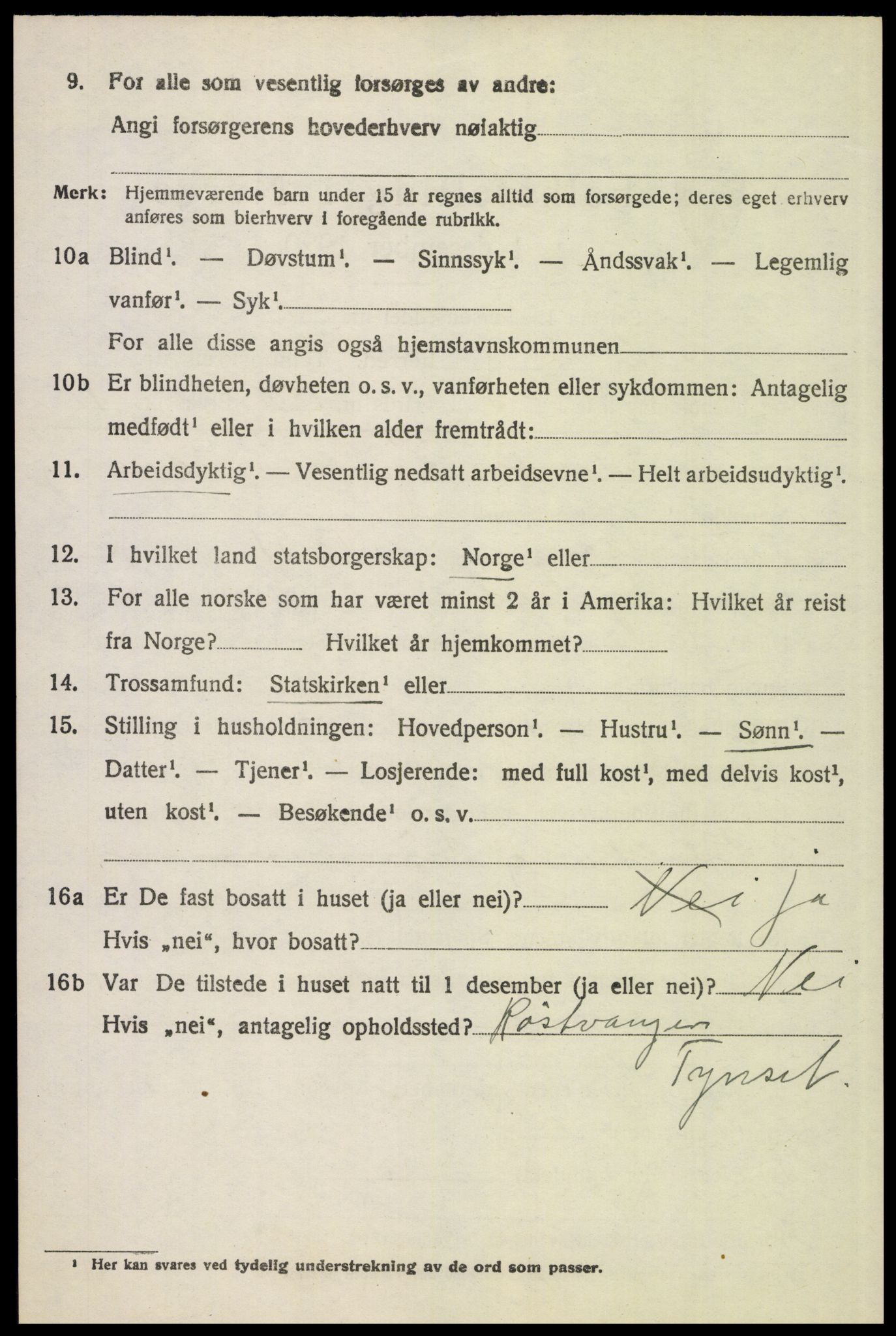 SAH, 1920 census for Tynset, 1920, p. 8965