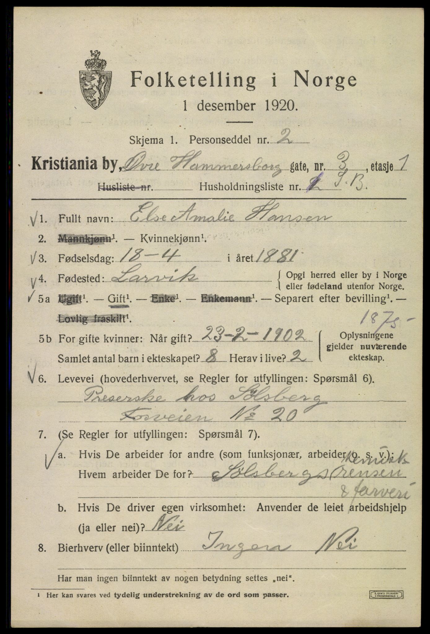 SAO, 1920 census for Kristiania, 1920, p. 657983