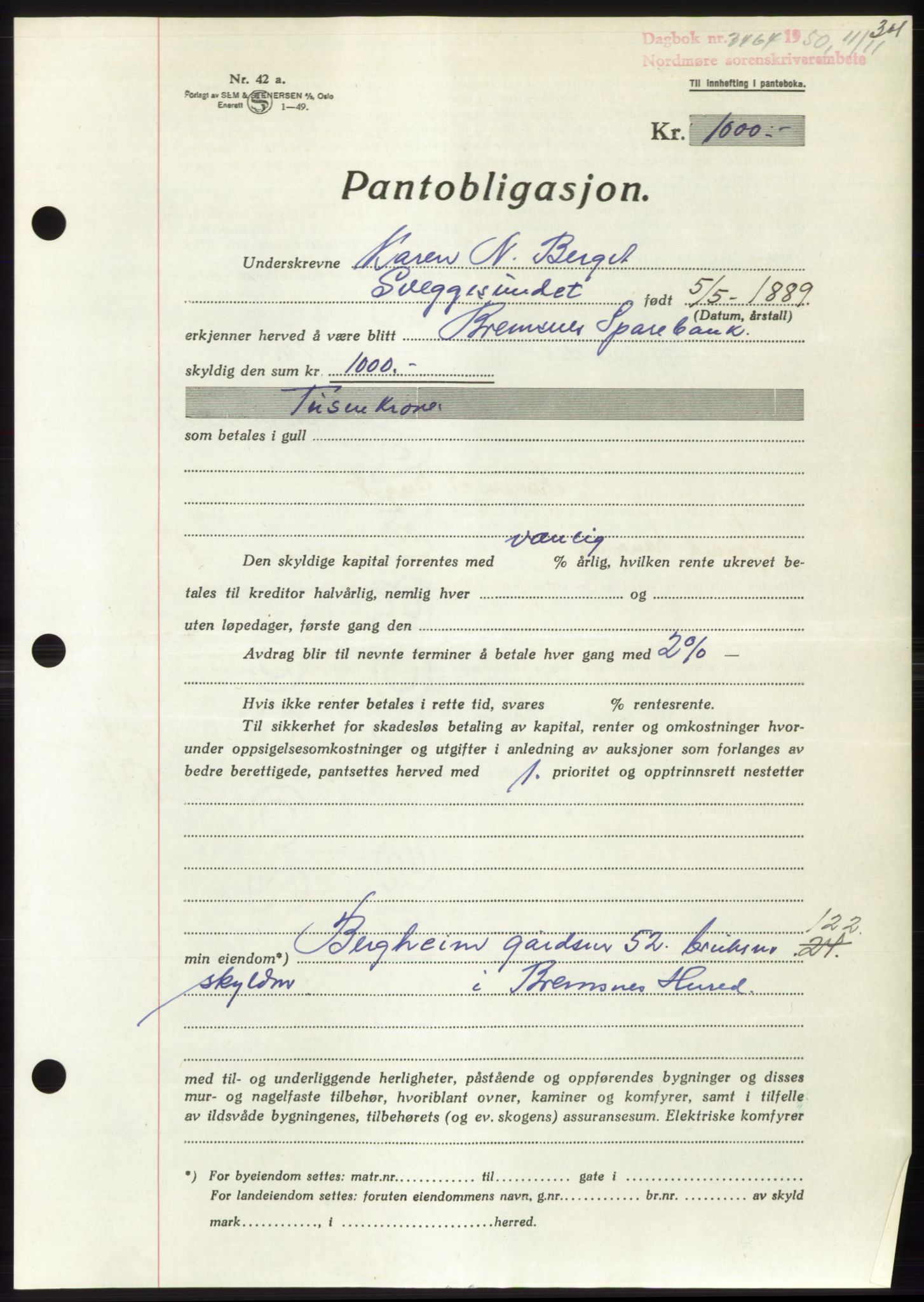 Nordmøre sorenskriveri, AV/SAT-A-4132/1/2/2Ca: Mortgage book no. B106, 1950-1950, Diary no: : 3464/1950