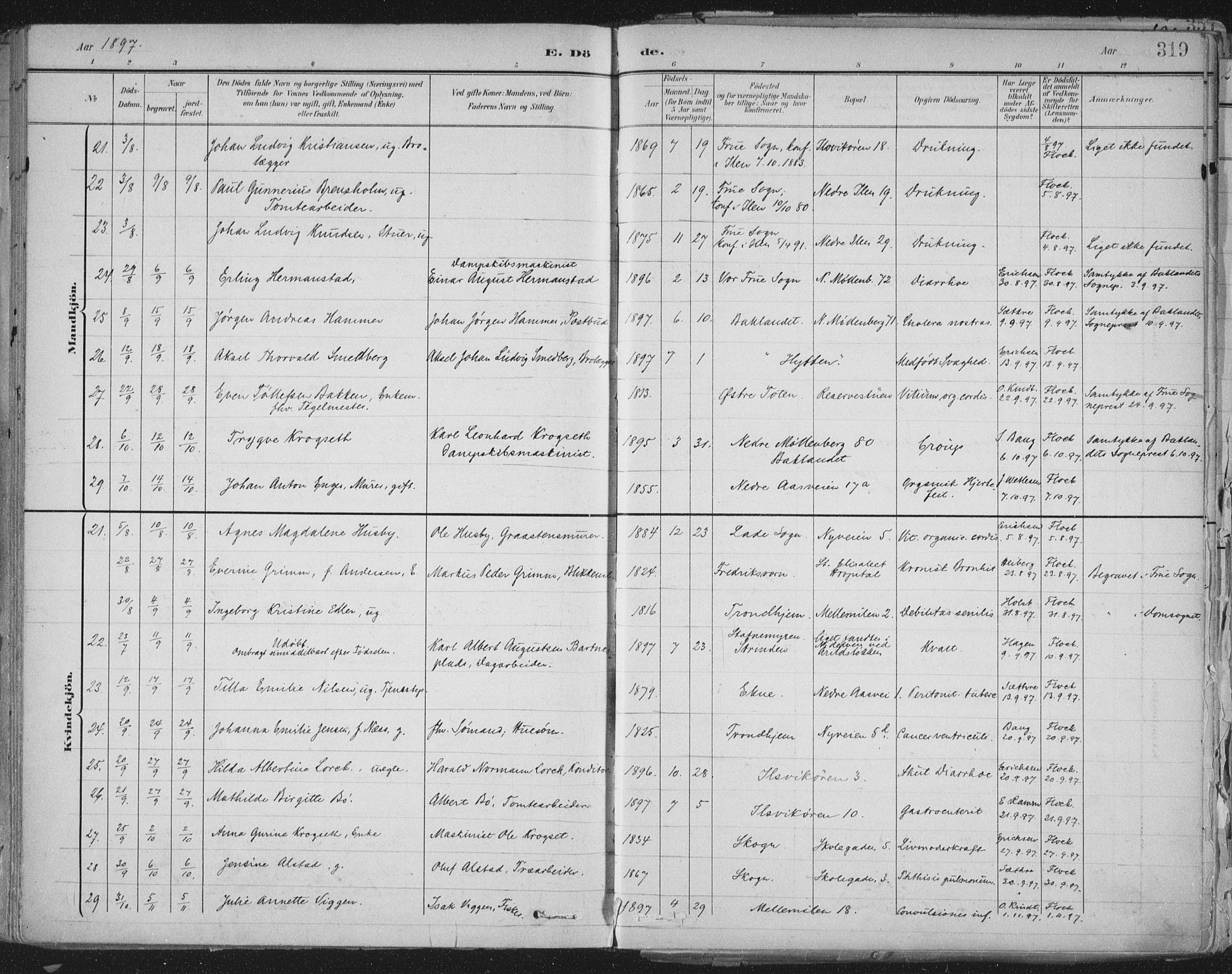 Ministerialprotokoller, klokkerbøker og fødselsregistre - Sør-Trøndelag, AV/SAT-A-1456/603/L0167: Parish register (official) no. 603A06, 1896-1932, p. 319